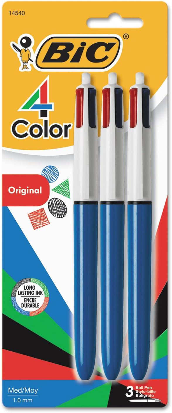 BIC 4 Color Ballpoint Pen, Medium Point (1.0mm), 4 Colors in 1 Set of Multicolor Pens, 3-Count Pack of Refillable Pens for Journaling and Organizing (Pen barrel color may vary)