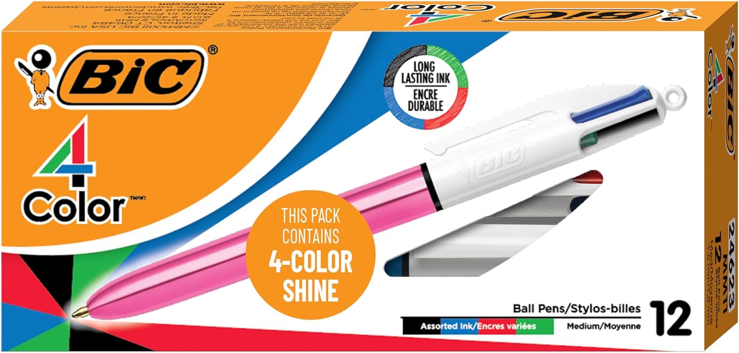 BIC 4-Color Shine Retractable Ball Pens, Medium Point (1.0mm), 12-Count Pack, Retractable Ball Pen With Long-Lasting Ink (Pen barrel color may vary)