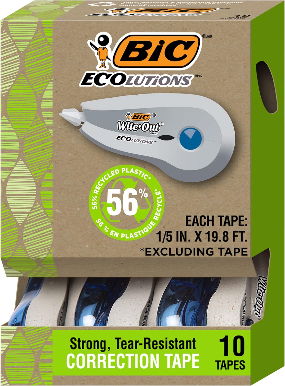 BIC Ecolutions Wite-Out Brand Correction Tape, 19.8 Feet, 10-Count Pack, Correction Tape Made from 56% Recycled Plastic Excluding Tape