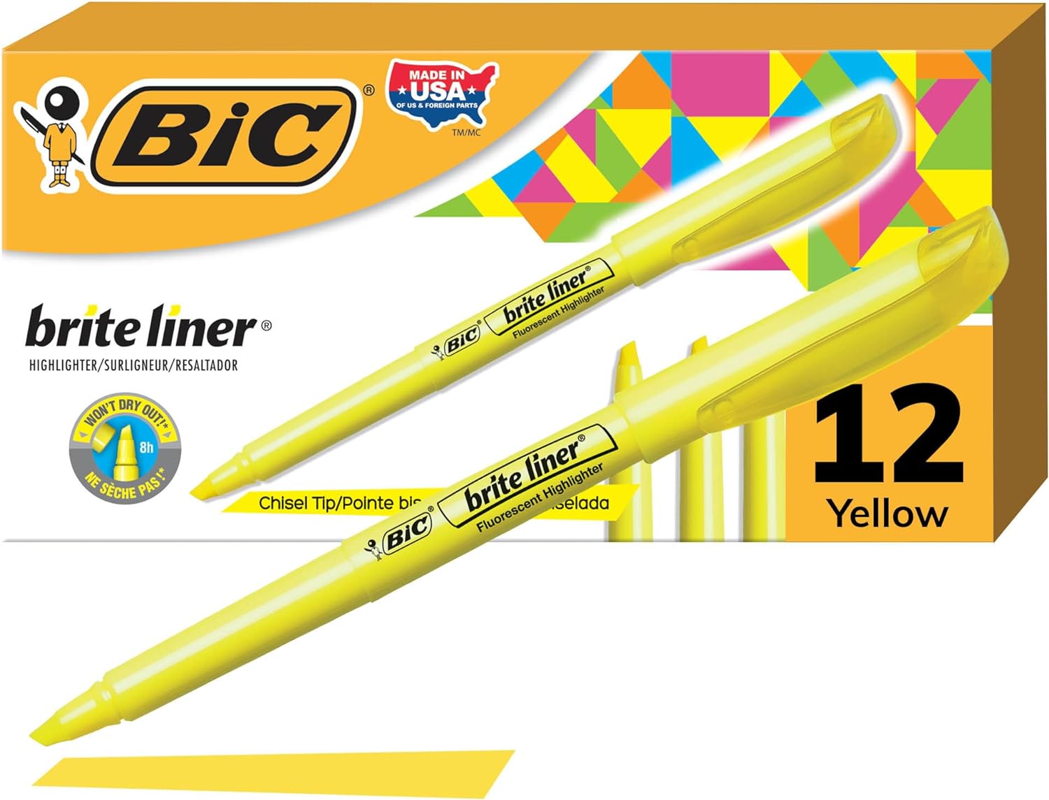BIC Brite Liner Highlighters, Chisel Tip, Yellow Highlighters, 12-Count, For Broad Highlighting or Fine Underlining