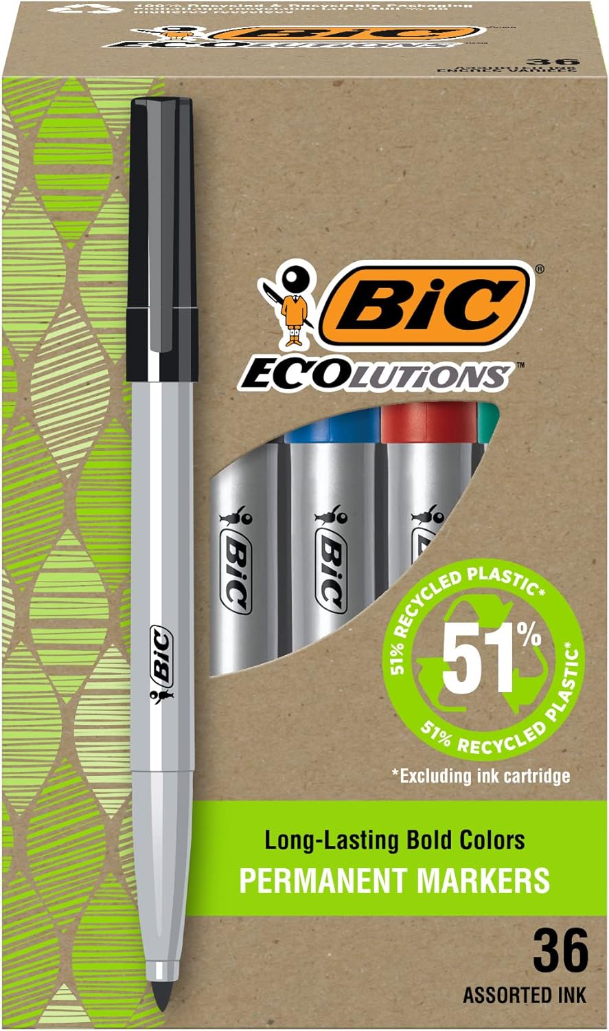 BIC Ecolutions Fine Permanent Markers, Fine Bullet Tip, 36-Count Pack of Assorted Colors, Marker Set Made from 51% Recycled Plastic Excluding Ink Cartridge