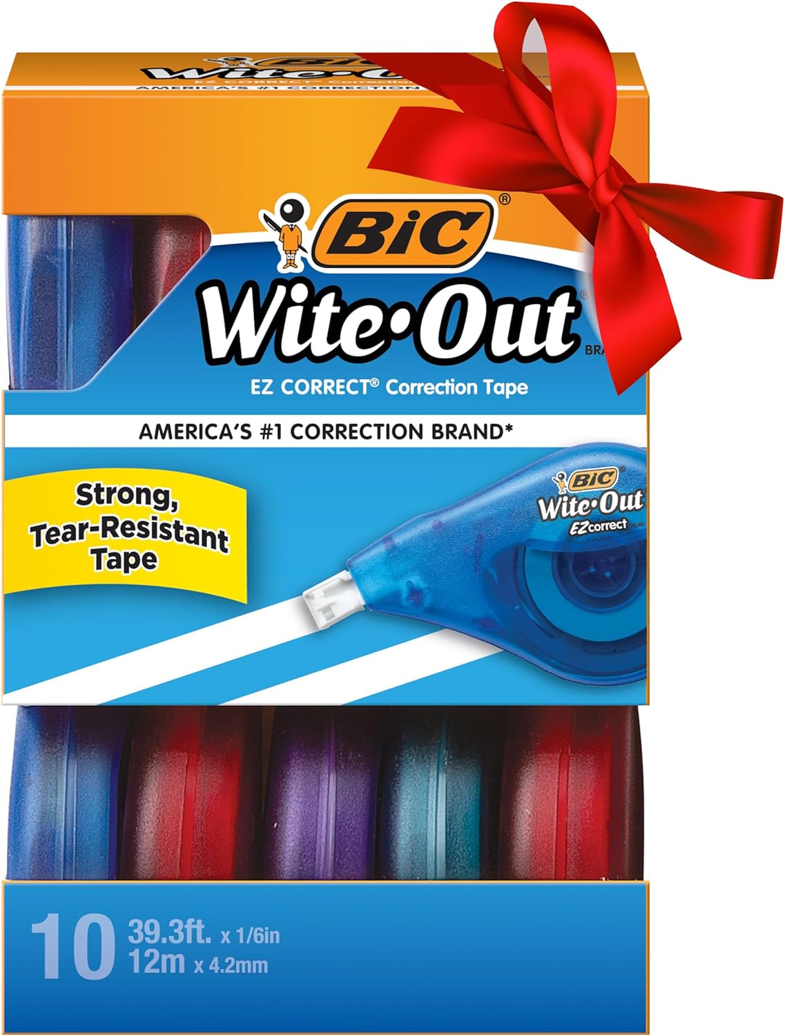 BIC Wite-Out Brand EZ Correct Correction Tape (WOTAP10- WHI), 39.3 Feet, 10-Count Pack of white Correction Tape, Fast, Clean and Easy to Use Tear-Resistant Tape, Gift Sets for Teachers