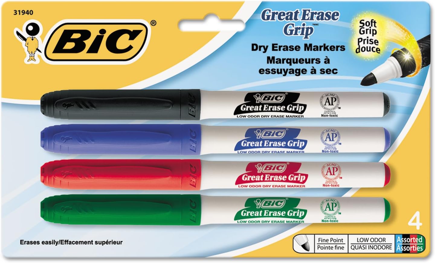 BIC GDEP41-Ast Great Erase Low Odor Dry Erase Markers, Fine Point, Assorted, 4 Dry Erase Markers