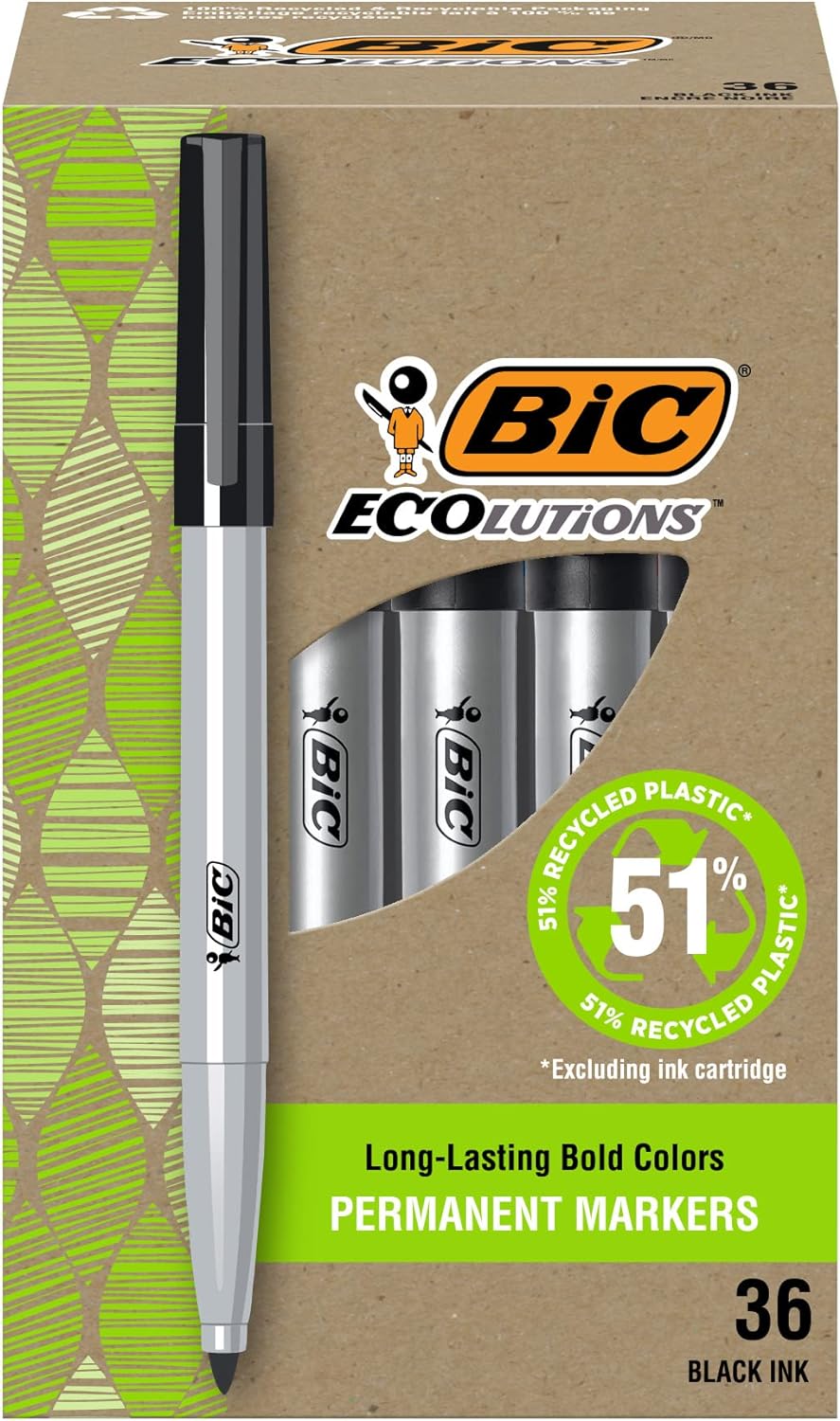 BIC Ecolutions Fine Permanent Markers, Fine Bullet Tip, 36-Count Pack Black Marker Set Made from 51% Recycled Plastic Excluding Ink Cartridge