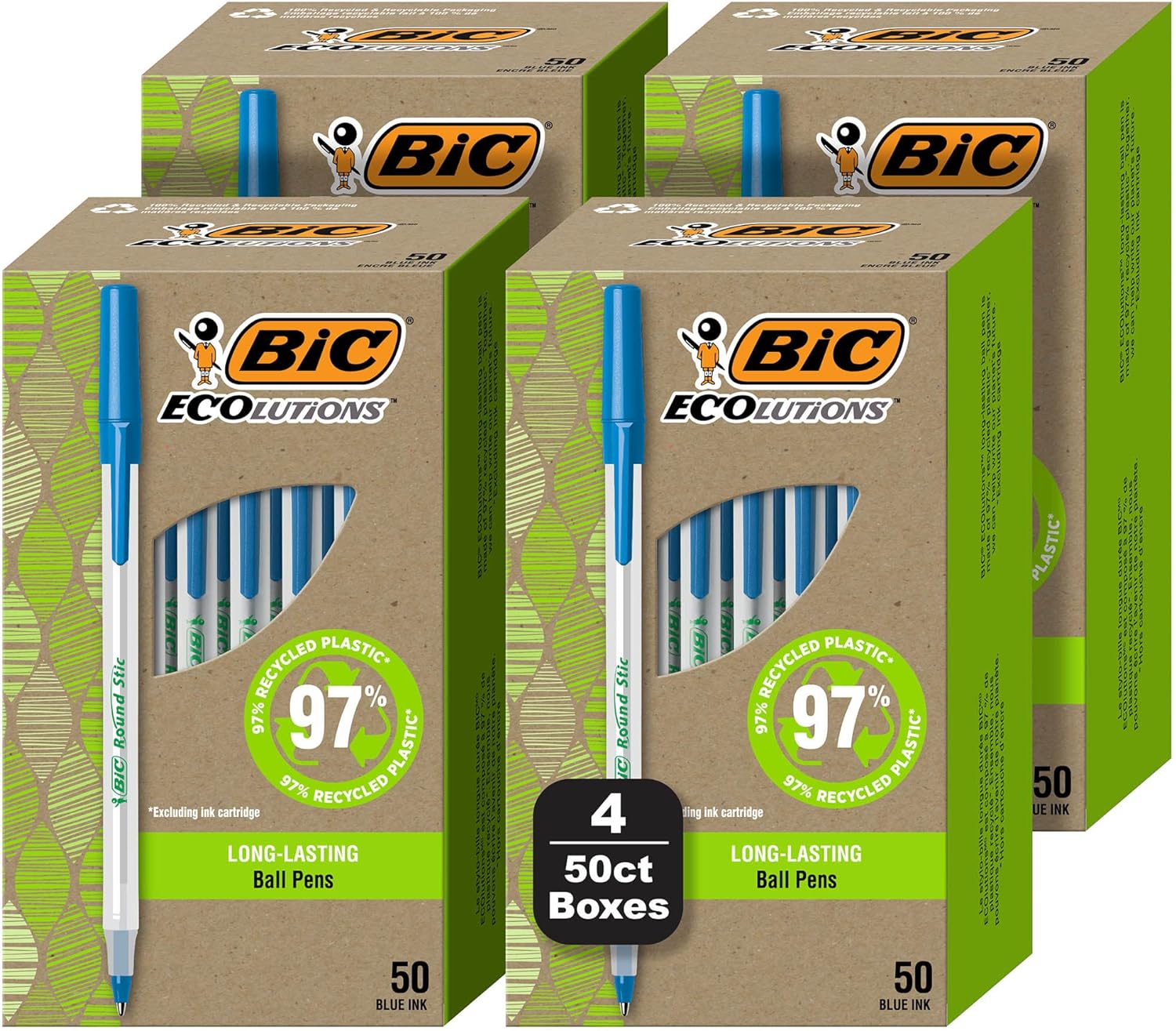 BIC Ecolutions Round Stic Ballpoint Pens, Medium Point (1.0mm), 200-Count Pack, Blue Ink Pens Made from 97% Recycled Plastic