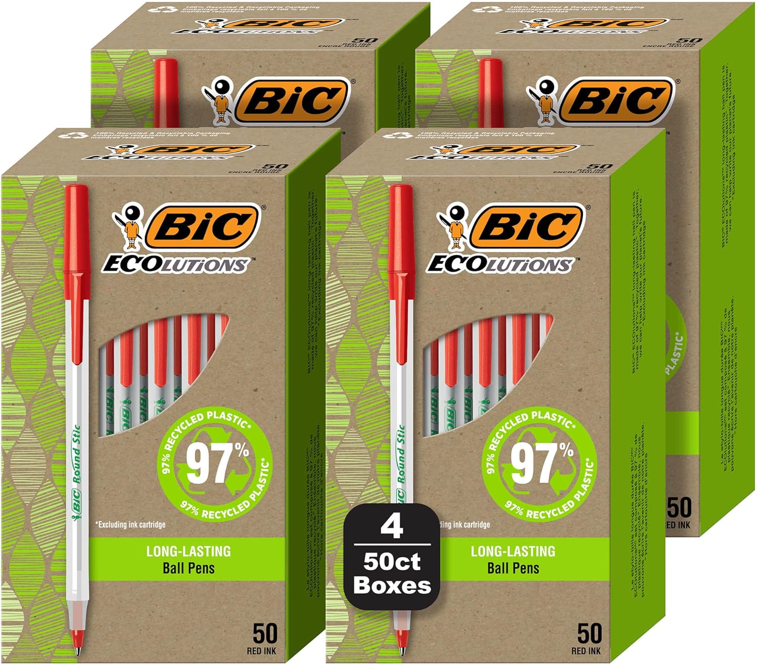 BIC Ecolutions Round Stic Ballpoint Pens, Medium Point (1.0mm), 50 Count (Pack of 4), Red Ink Pens Made from 97% Recycled Plastic