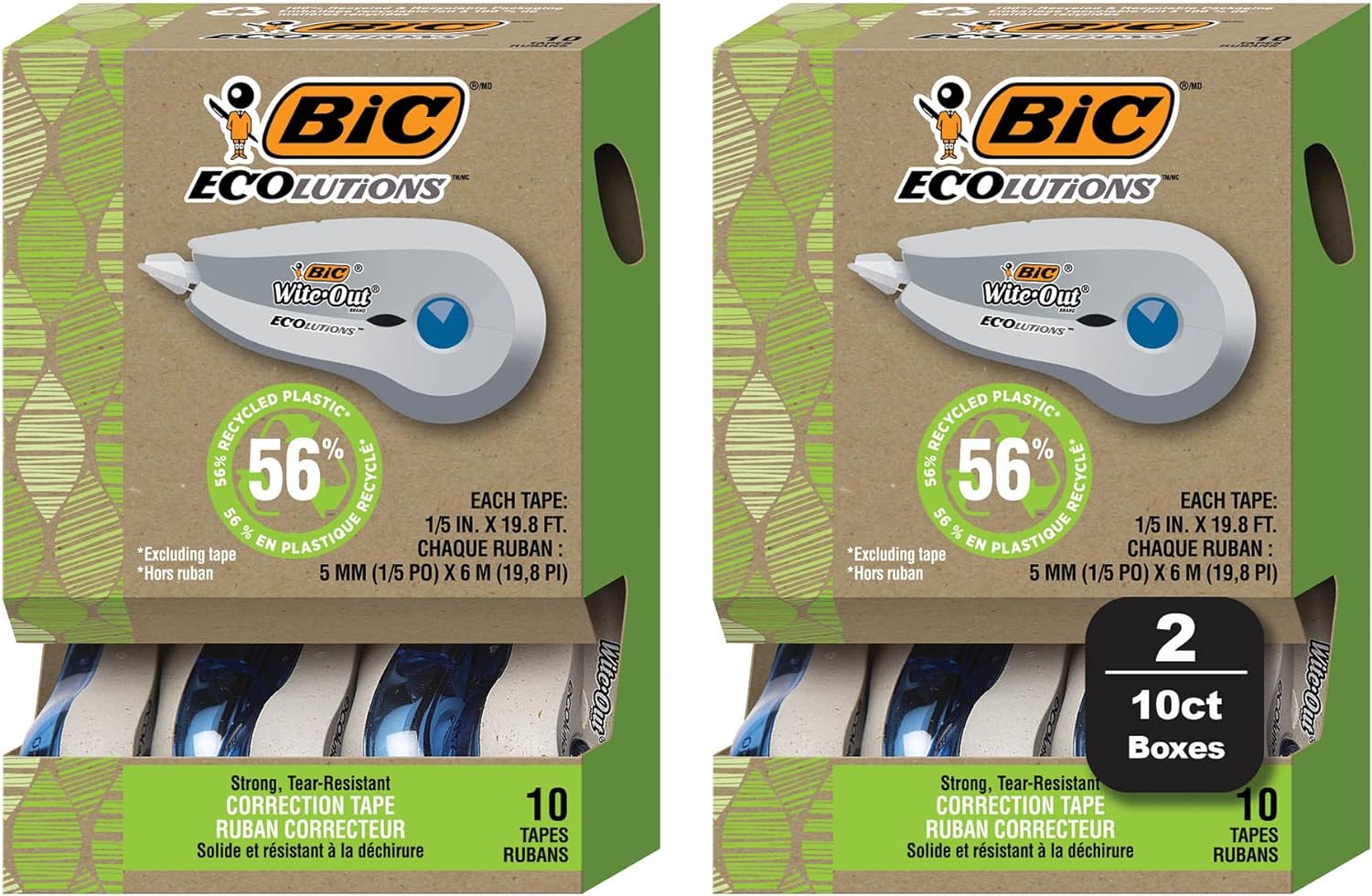 BIC Ecolutions Wite-Out Brand Correction Tape, 19.8 Feet, 20-Count Pack, Correction Tape Made from 56% Recycled Plastic Excluding Tape