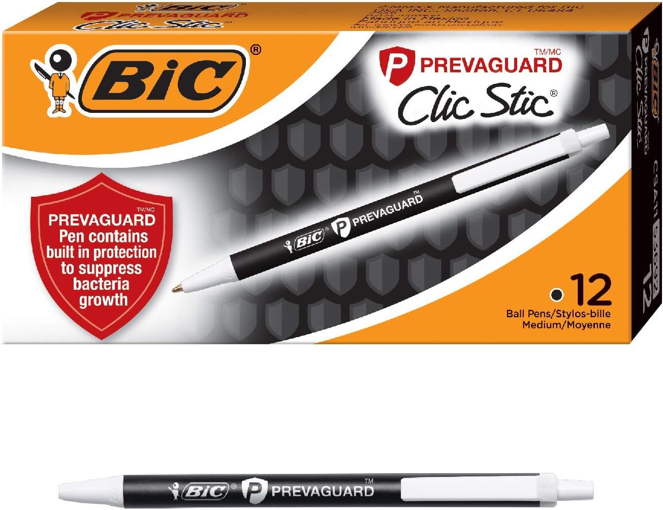BIC PrevaGuard Clic Stic Ballpoint Pen With Built-in Protection To Suppress Bacteria Growth, Medium Point (1.0mm), Black, 12-Count