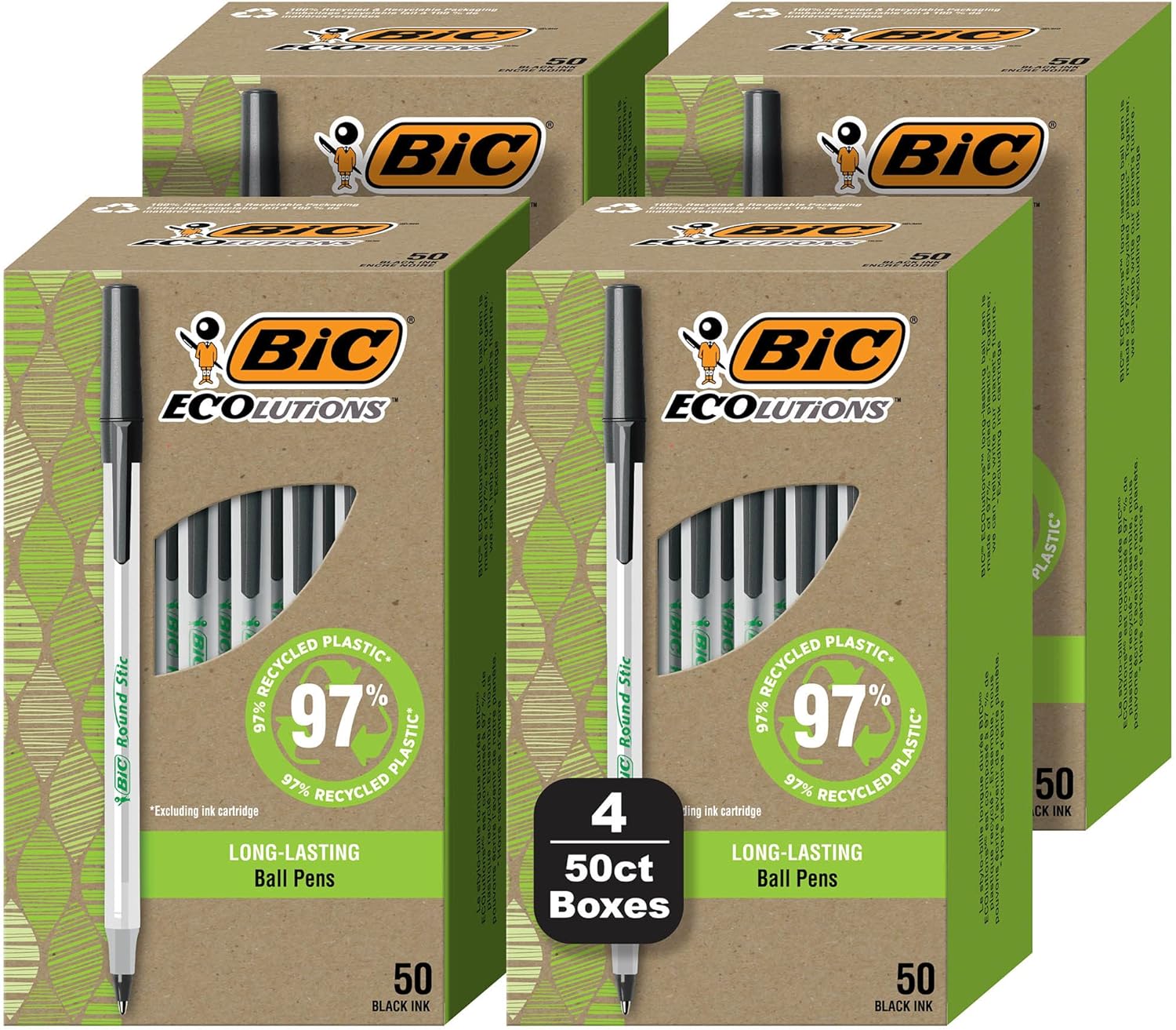 BIC Ecolutions Round Stic Ballpoint Pens, Medium Point (1.0mm), 200-Count Pack, Black Ink Pens Made from 97% Recycled Plastic