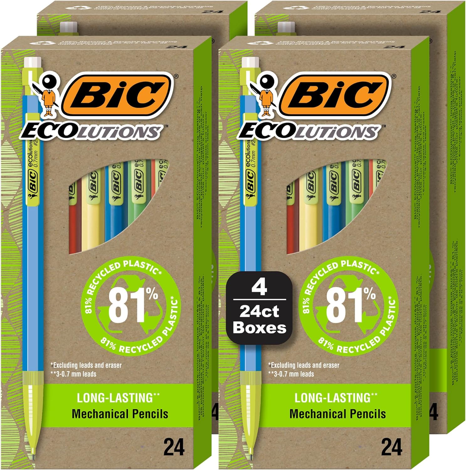 BIC Ecolutions Mechanical Pencils with Erasers, With Colorful Barrel, Medium Point (0.7mm), 96-Count Pack, Mechanical Pencils Made from 81% Recycled Plastic Excluding Leads and Erasers