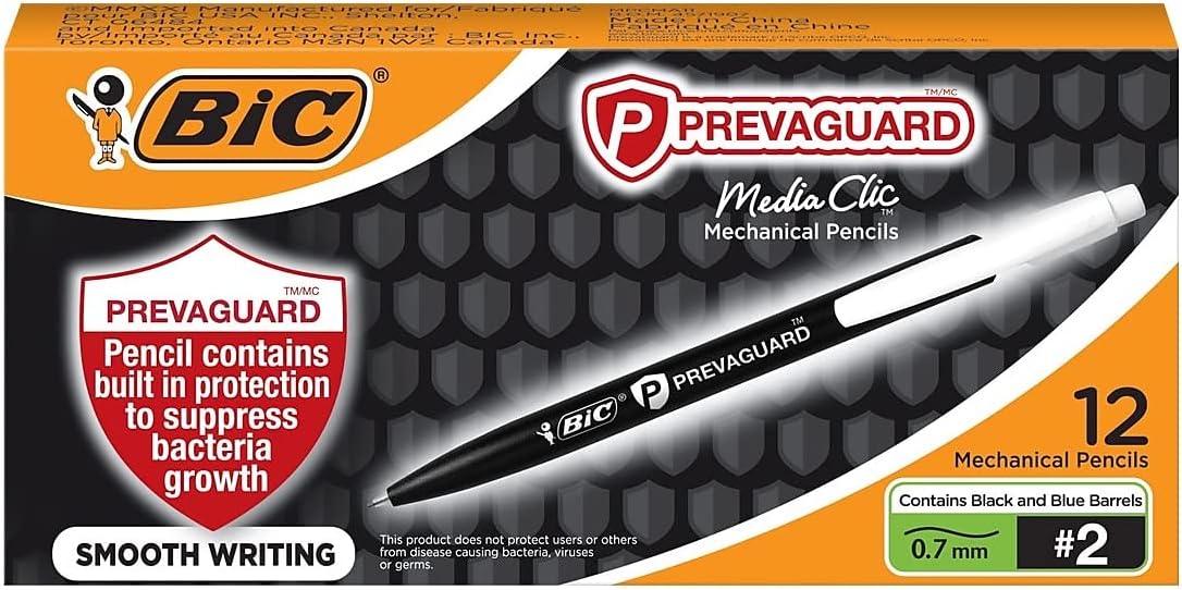 BIC PrevaGuard Media Clic #2 Mechanical Pencil, Medium Point (0.7mm), 12-Count, Smooth Writing, Contains Built-In Protection on the Pencil