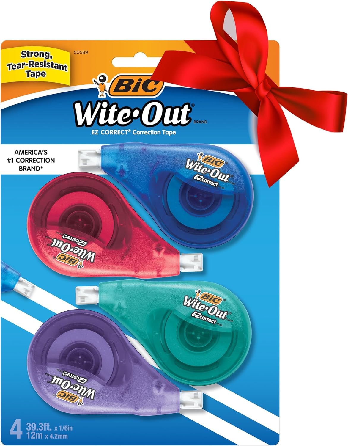 BIC Wite-Out Brand EZ Correct Correction Tape, 19.8 Feet, 4-Count Pack of white Correction Tape, Fast, Clean and Easy to Use Tear-Resistant Tape, Great Stocking Stuffers for Teachers