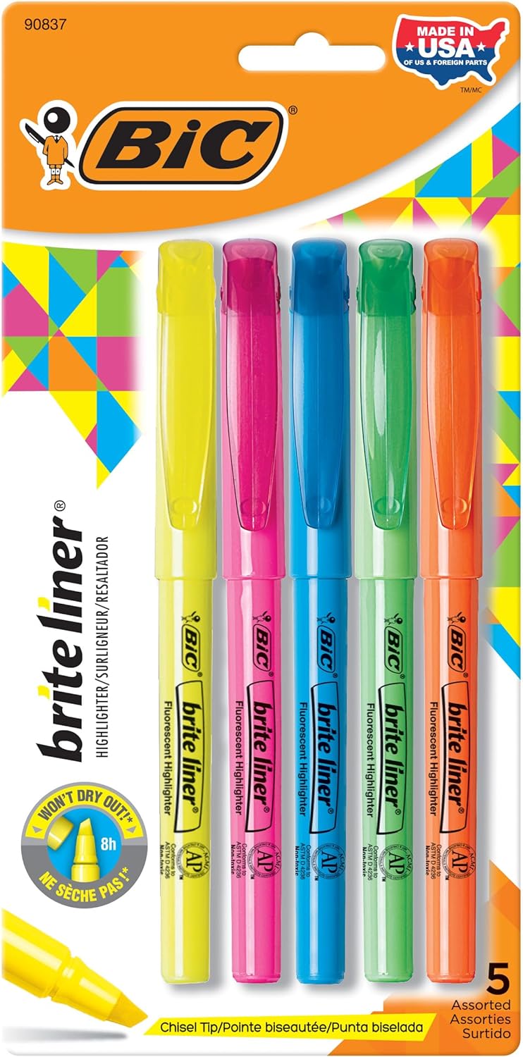 BIC Brite Liner Highlighters, Chisel Tip, 5-Count Pack of Highlighters Assorted Colors, Ideal Highlighter Set for Organizing and Coloring
