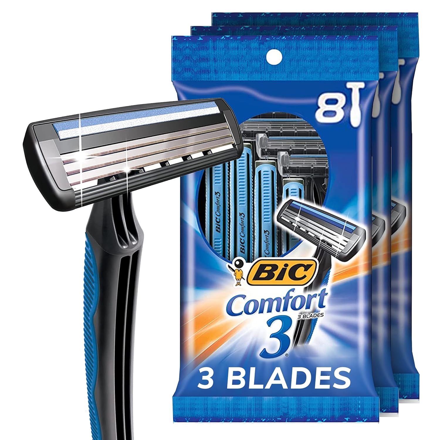 BIC Comfort 3 Disposable Razors for Men for an Ultra-Soothing, Comfortable Shave, 3 8-count Packs of Razors With 3 Blades, 8 Count (Pack of 3)
