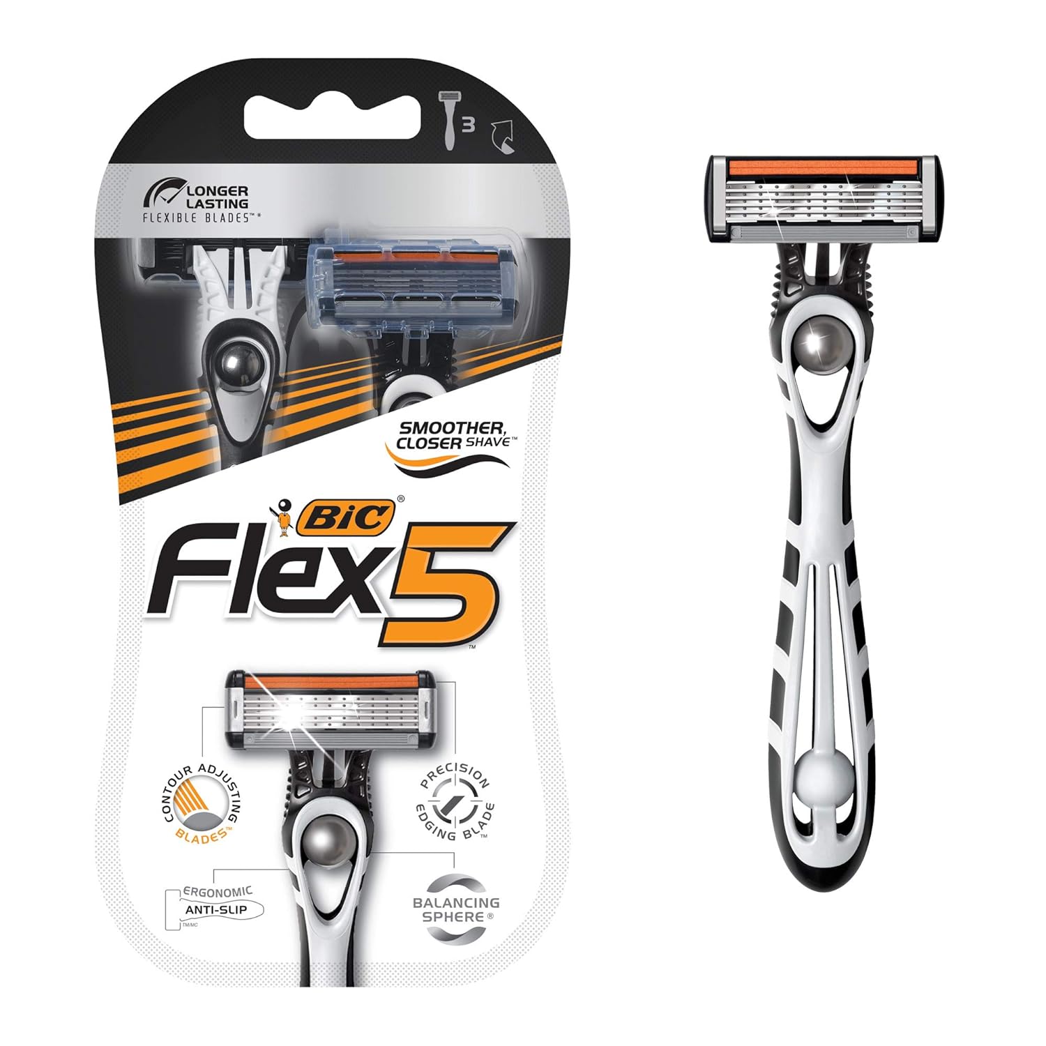 BIC Flex 5 Titanium Men' Disposable Razor, Five Blade, 3 Count, Adjusting Blades for an Ultra-Close Shave