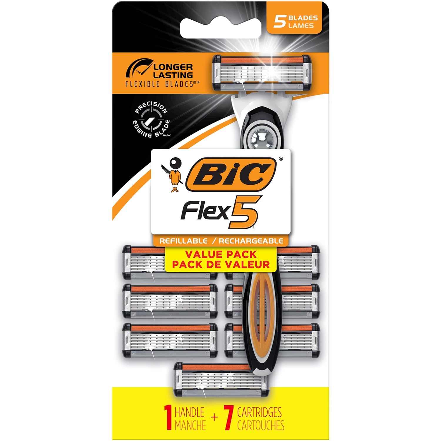 BIC Flex 5 Refillable Razors for Men, Long-Lasting 5 Blade Razors for a Smooth and Comfortable Shave, 1 Handle and 7 Cartridges, 8 Piece Shaving Kit