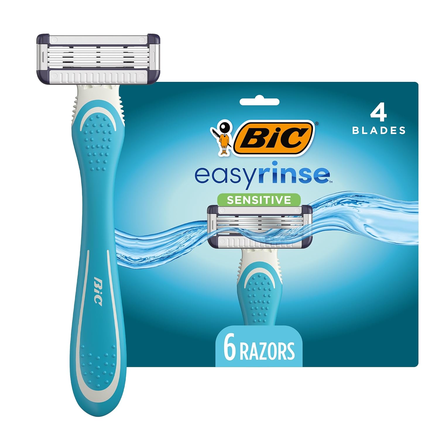 BIC EasyRinse Sensitive Anti-Clogging Men' Disposable Razors, Clinically Proven for Sensitive Skin, Shaving Razors With 4 Blades, 6 Count