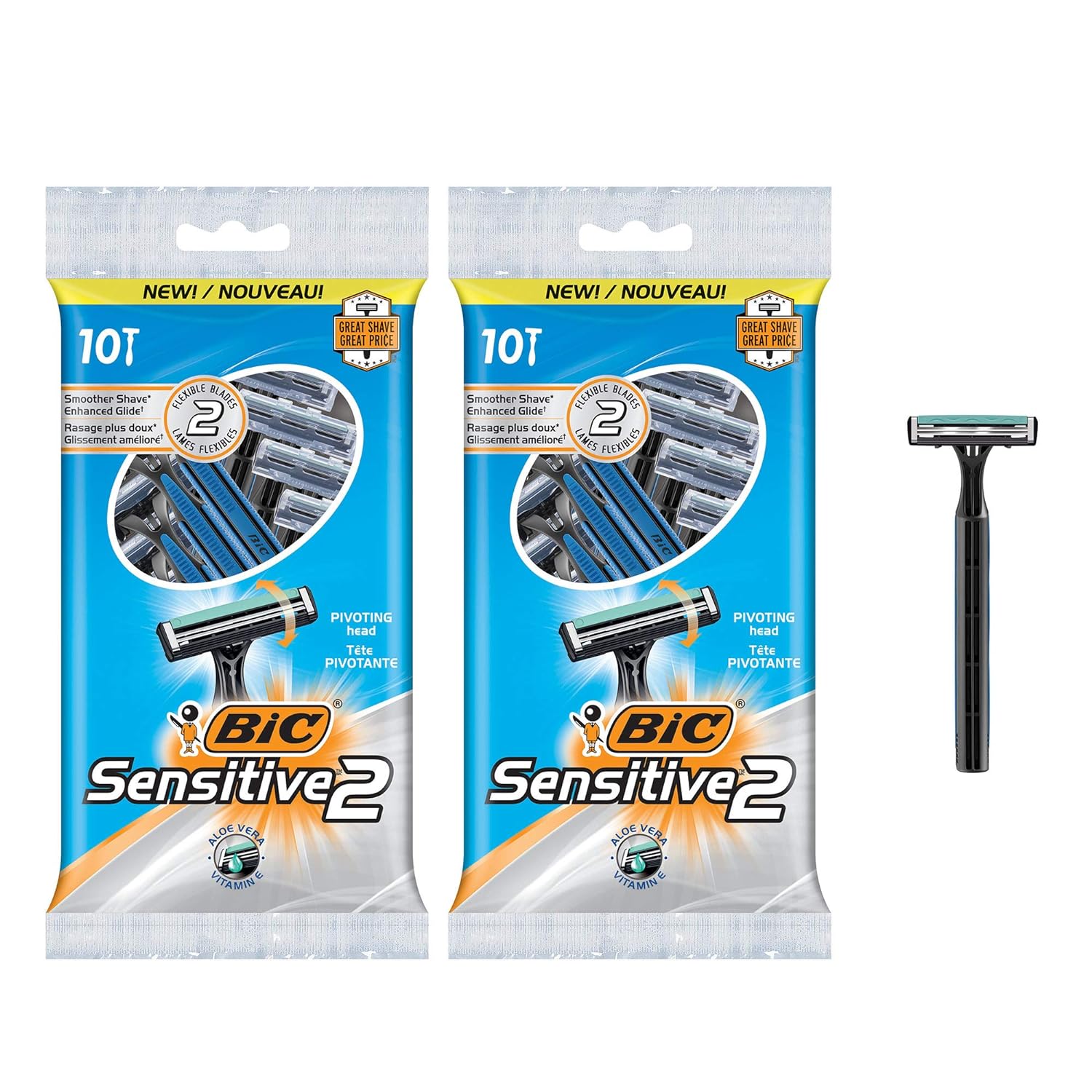 BIC Sensitive 2 Men' Disposable Razor, Two Blade, Pack of 20 Razors, For a Soothing and Comfortable Shave