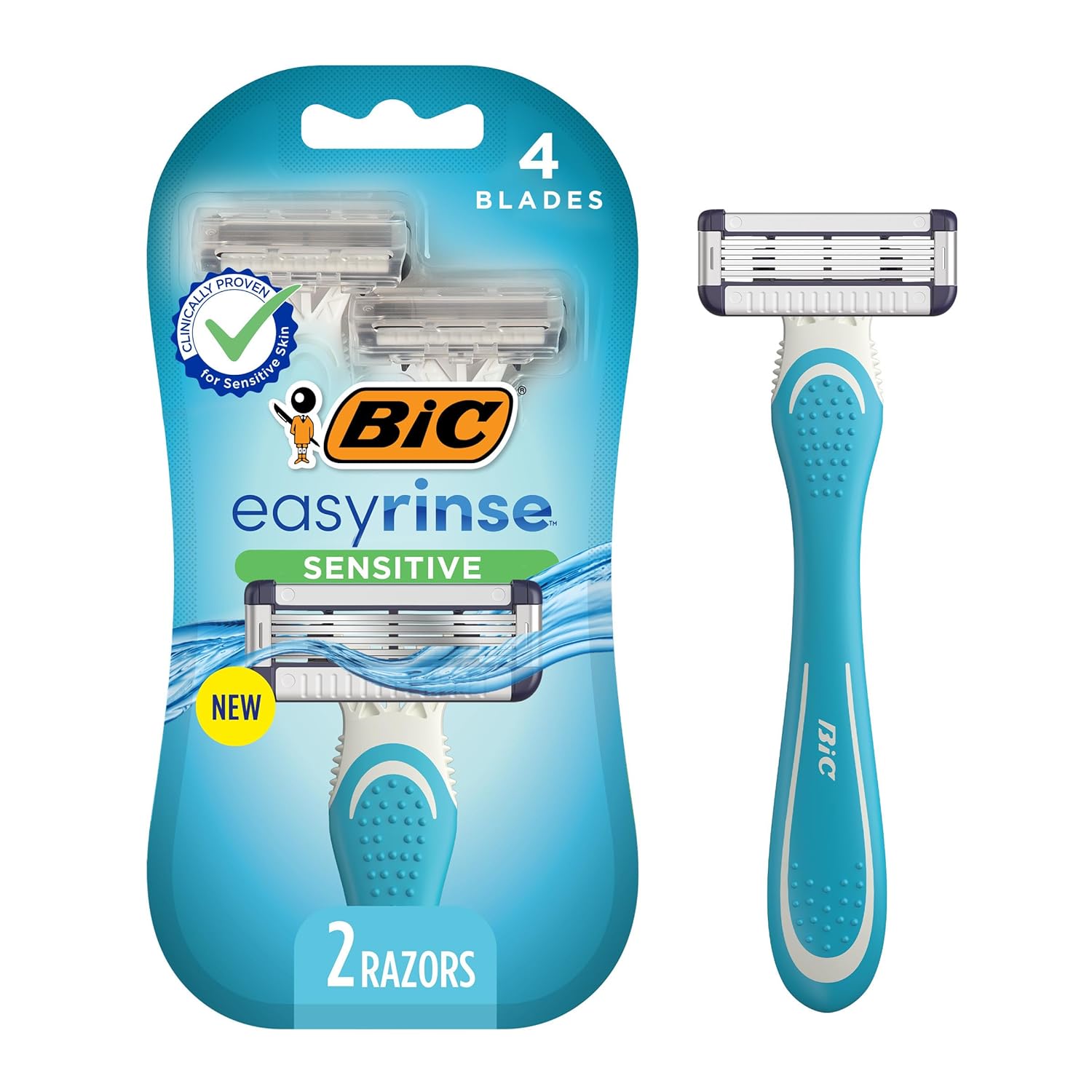BIC EasyRinse Sensitive Anti-Clogging Men' Disposable Razors, Clinically Proven for Sensitive Skin, Shaving Razors With 4 Blades, 2 Count