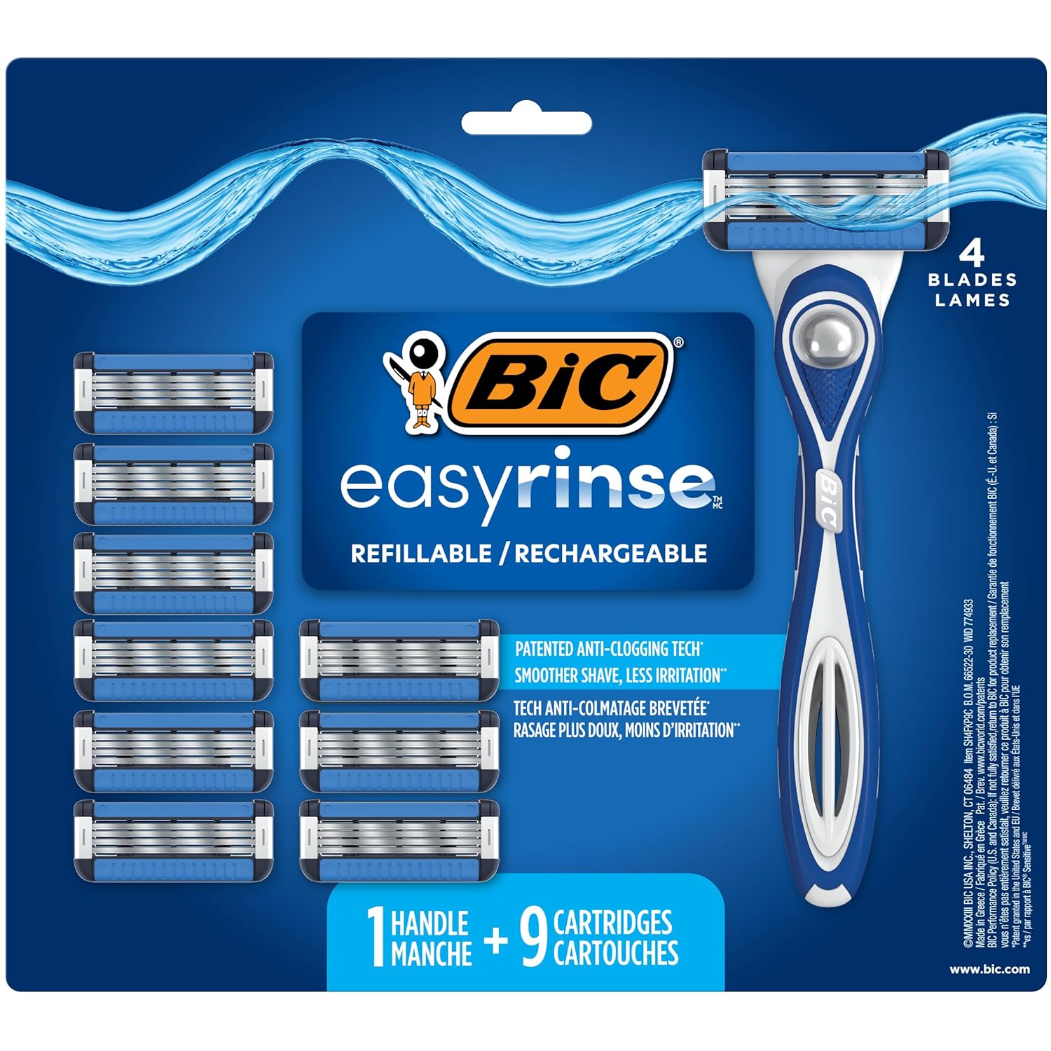 BIC EasyRinse Anti-Clogging, Refillable Men' Razors With 4 Blades, 1 Handle and 9 Refill Razor Cartridges Razor Kit