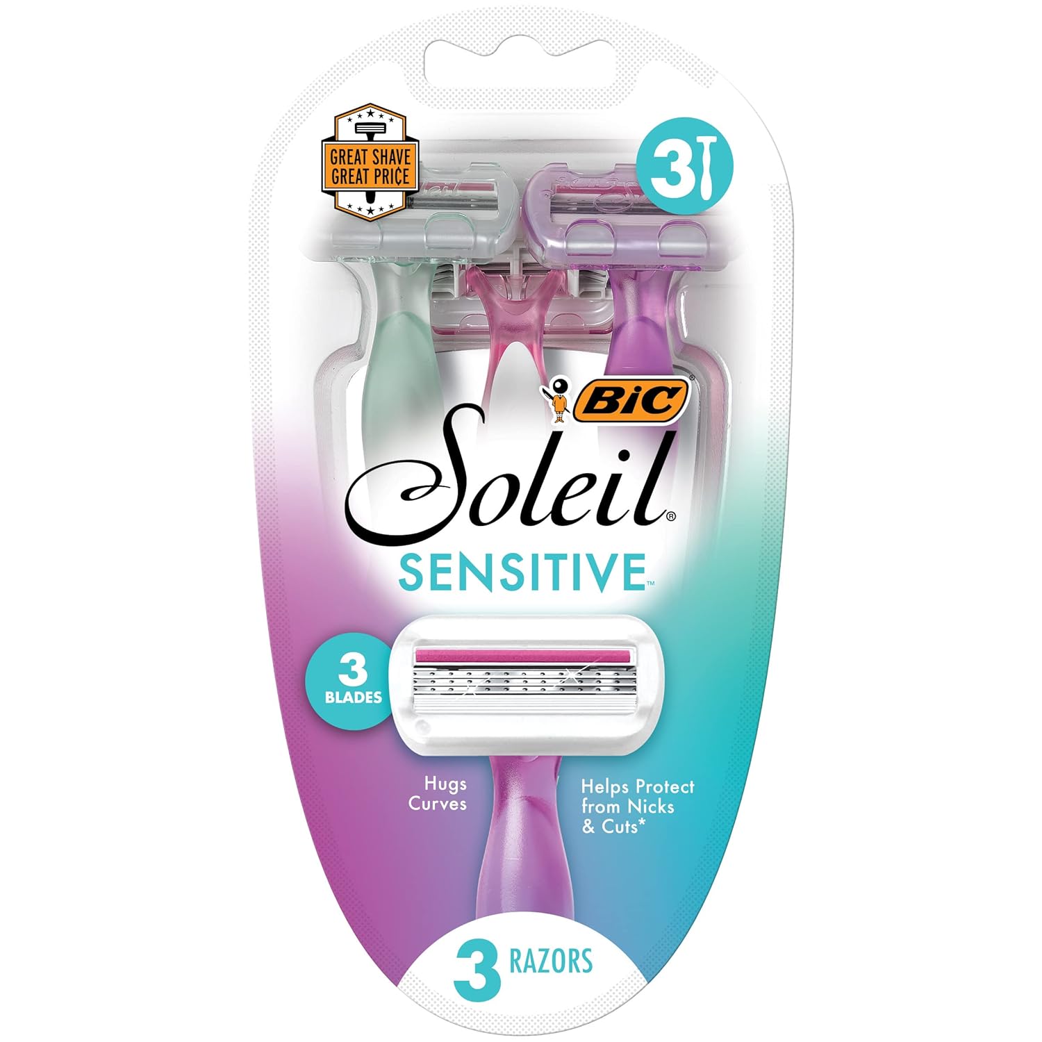 BIC Soleil Sensitive Women' Disposable Razors, 3 Blades With Moisture Strip For a Silky Smooth Shave, 6 Piece Razor Set, 3 Count (Pack of 2)