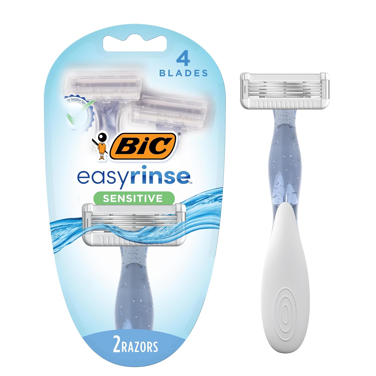 BIC EasyRinse Sensitive Anti-Clogging Women' Disposable Razors, Clinically Proven for Sensitive Skin, Shaving Razors With 4 Blades, 2 Count