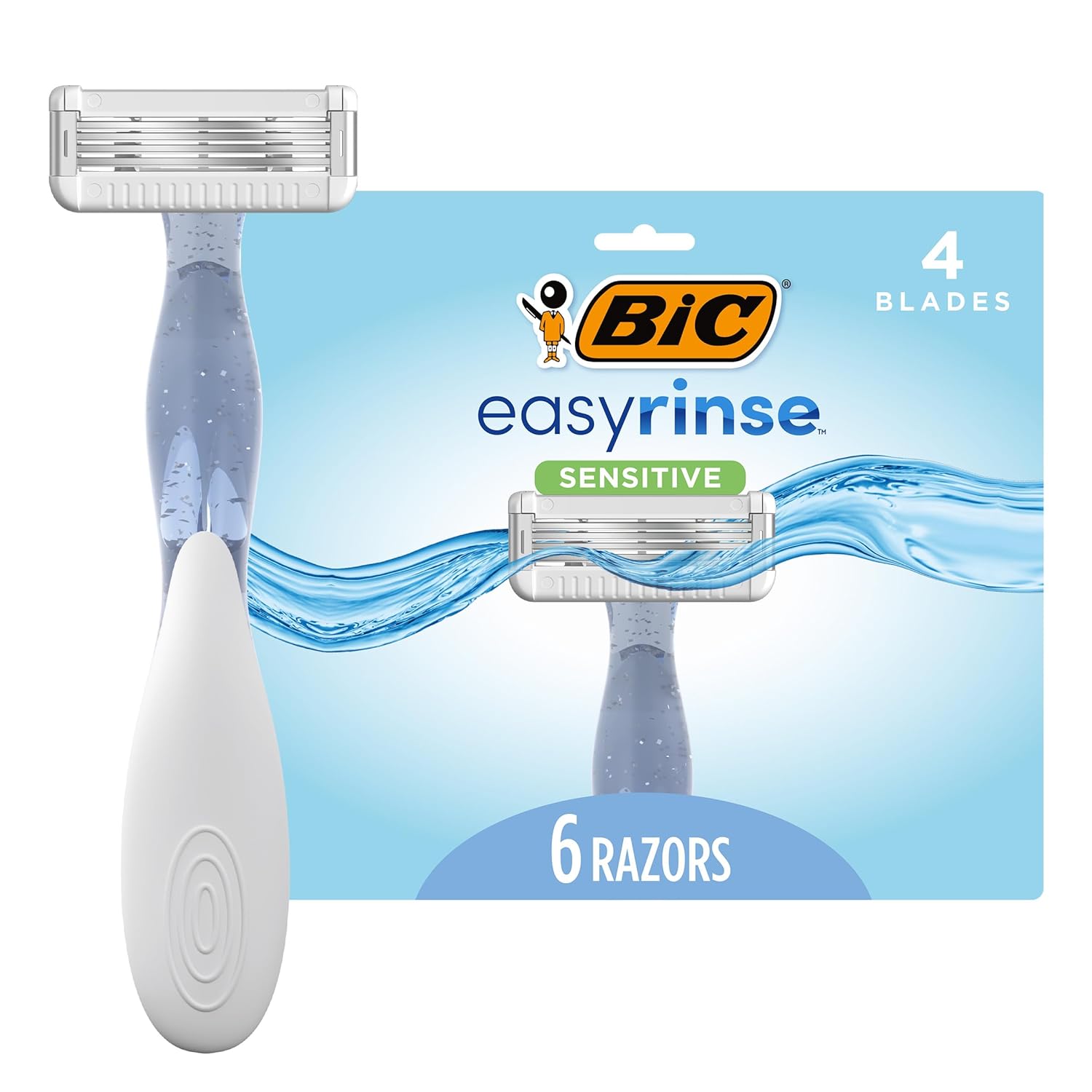 BIC EasyRinse Sensitive Anti-Clogging Women' Disposable Razors, Clinically Proven for Sensitive Skin, Shaving Razors With 4 Blades, 6 Count