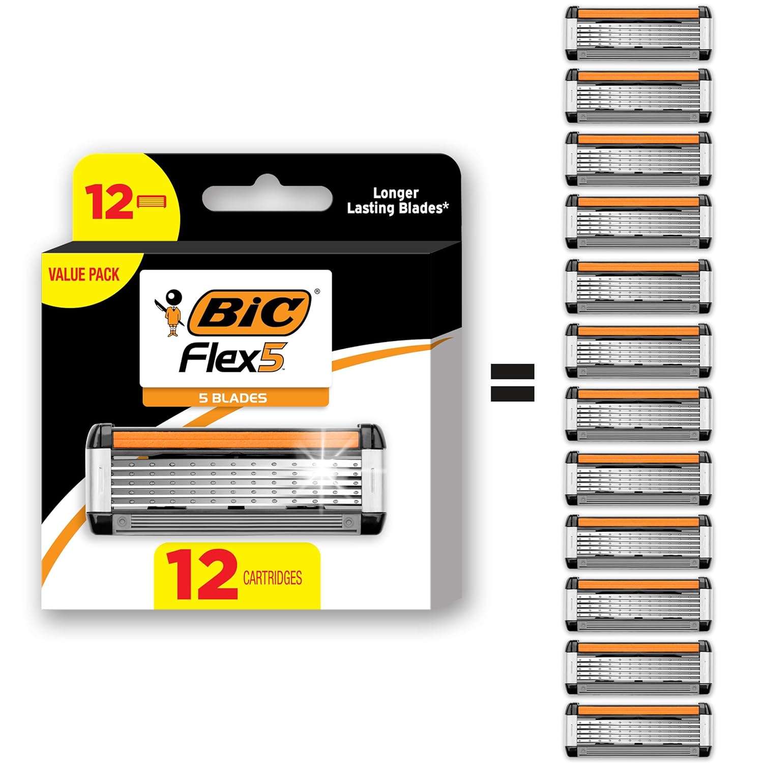 BIC Flex 5 Refillable Refill Razor Cartridges for Men, Long-Blade Razors for a Smooth and Comfortable Shave, 12 Refill Cartridges