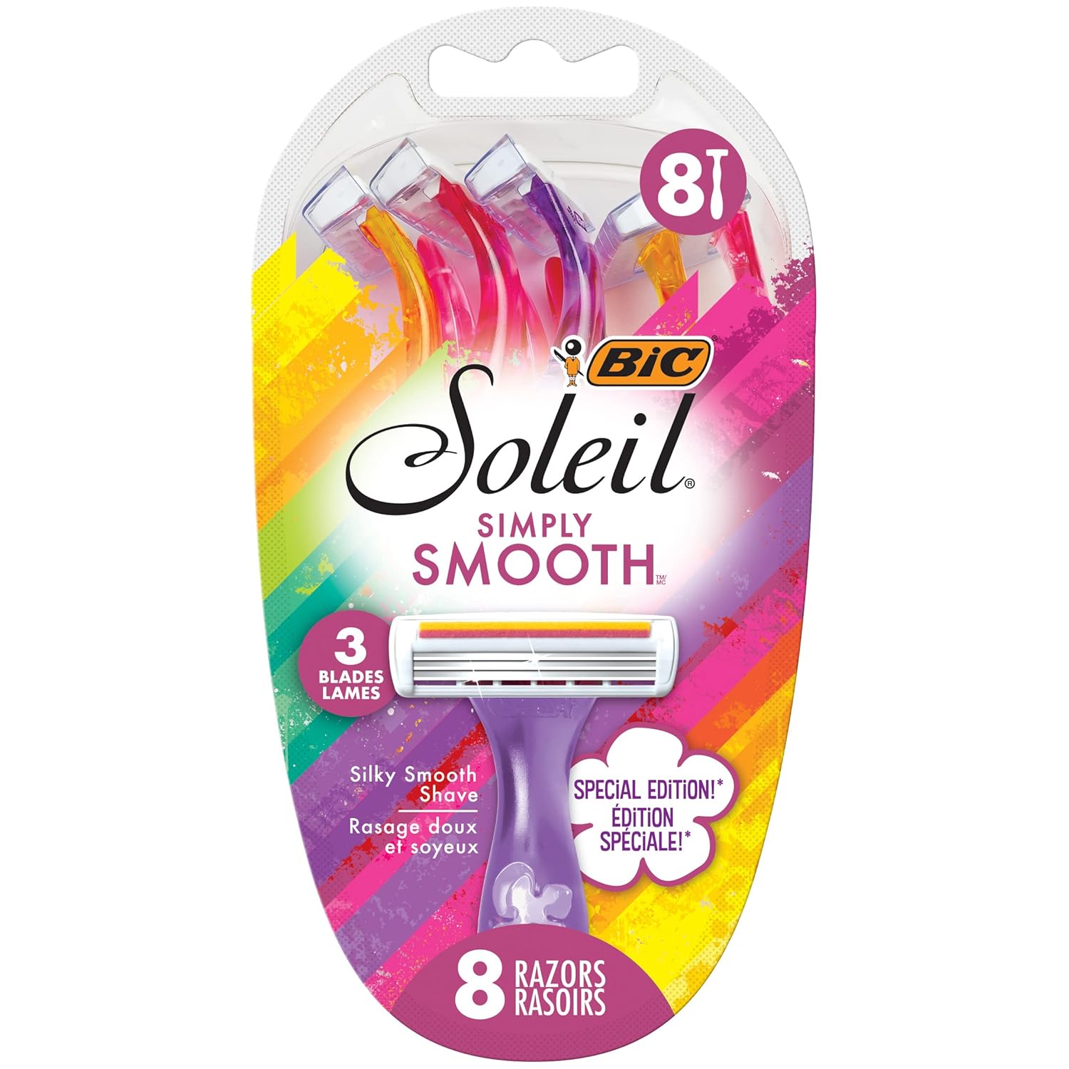 BIC Soleil Simply Smooth Women' Disposable Razors, 3 Blades With Moisture Strip For a Silky Smooth Shave, 8 Piece Razor Set