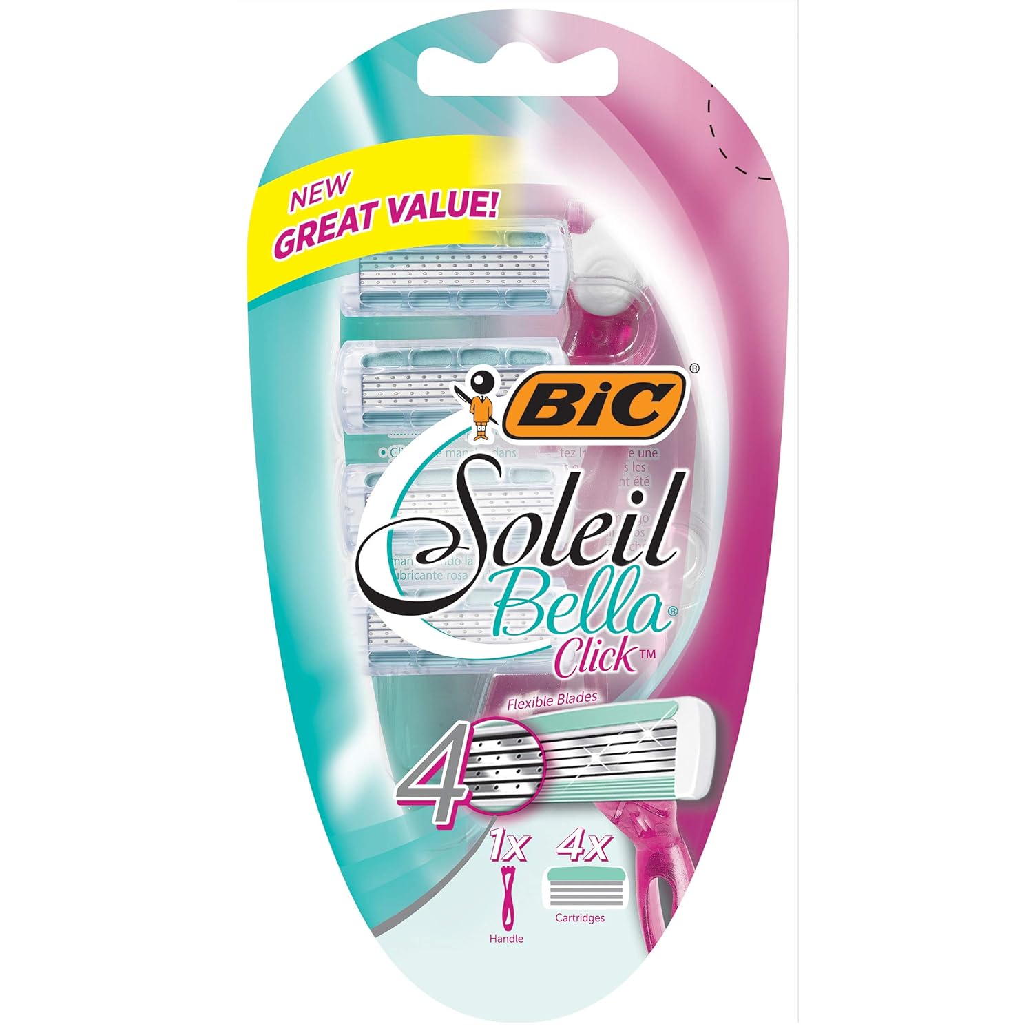 BIC Soleil Bella Click Women' 4-Blade Disposable Razor, 1 Handle and 4 Cartridges