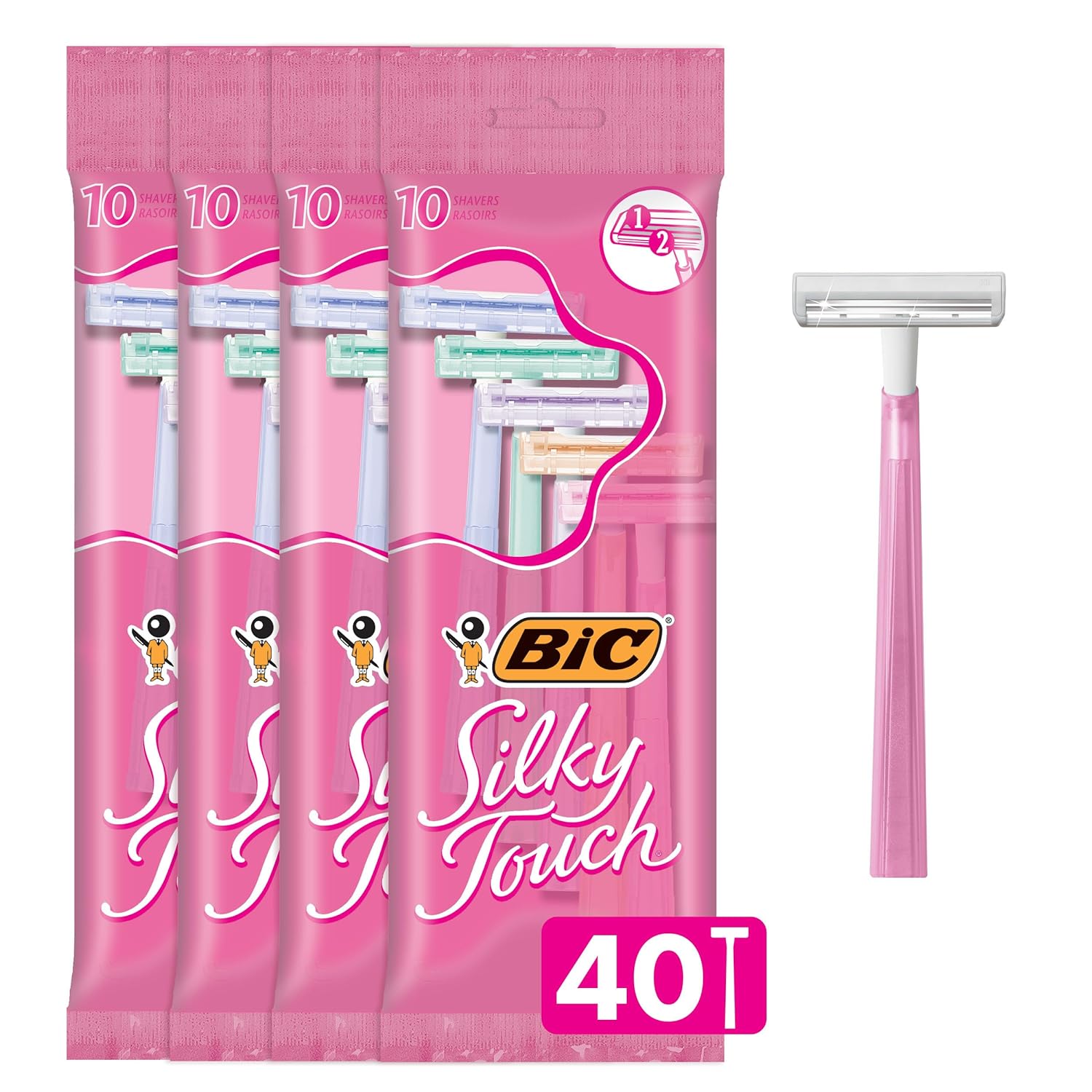 BIC Silky Touch Women' Disposable Razors, With 2 Blades, Pretty Pastel Razor Handles, 40 Count Value Pack of Shaving Razors