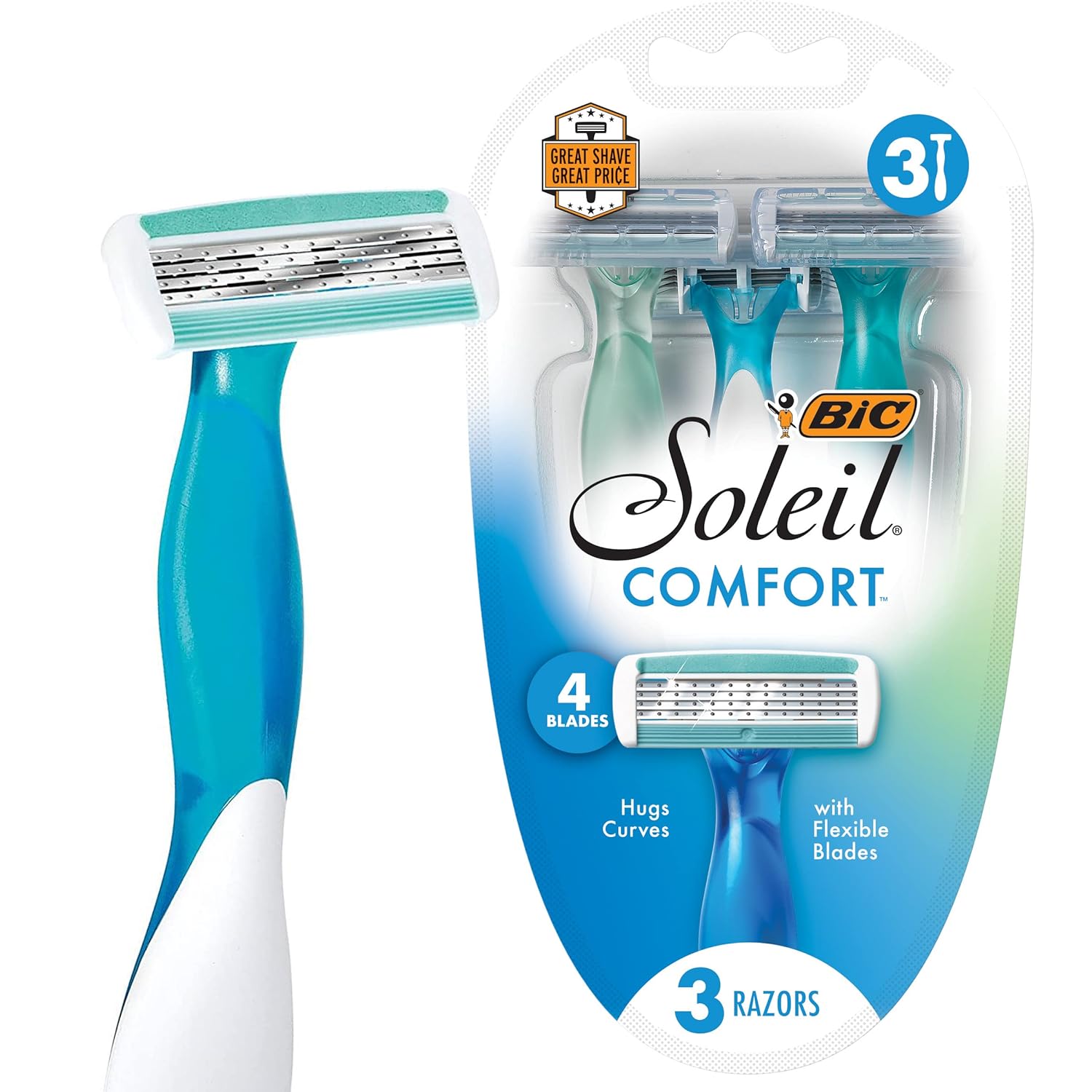 BIC Soleil Comfort 4-Blade Disposable Razors for Women Sensitive Skin Razor for a Smooth and Close Shave, 3 Piece Razor Set