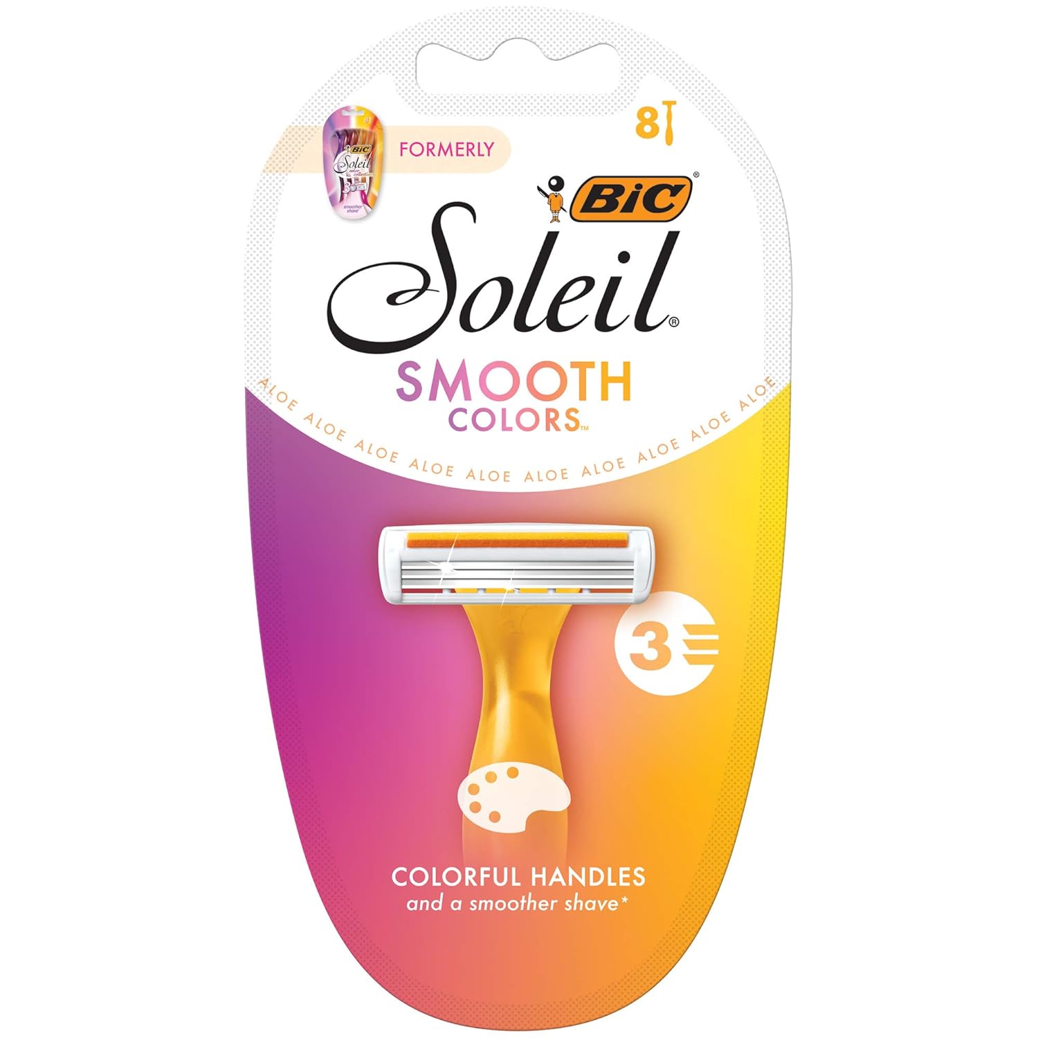 BIC Soleil SMOOTH COLORS Disposable Razors for Women Sensitive Skin Razor With Aloe Vera and Vitamin E Lubricating Strip and 3 Blades, 8 Piece Razor Set