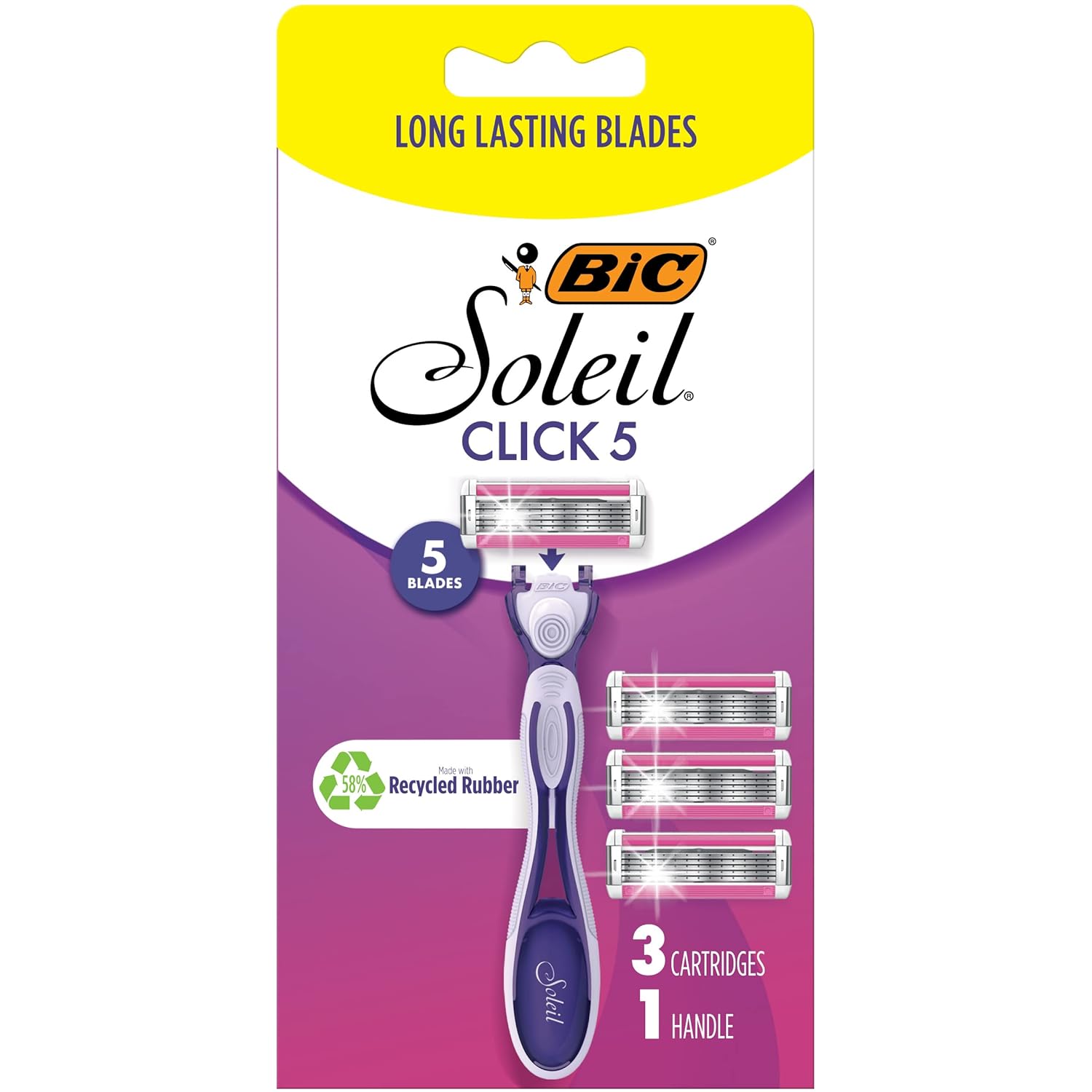 BIC Click 5 Soleil Women' Disposable Razors, 5 Blades With a Moisture Strip For a Smoother Shave, 1 Handle and 3 Cartridges, 4 Piece Razor Set
