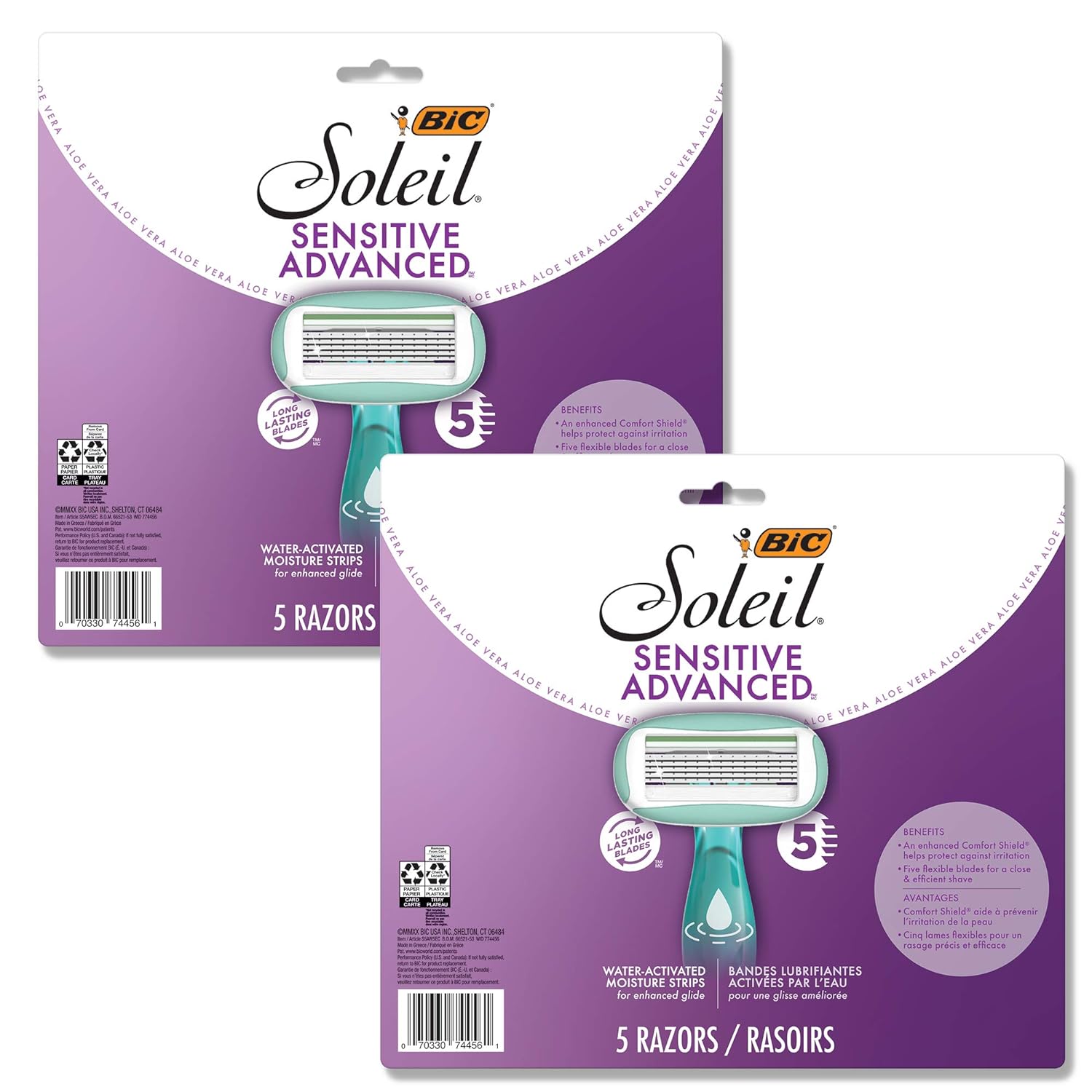 BIC Soleil Sensitive Advanced Women' Disposable Razors With 360 Degree Water Activated Moisture Strip for Enhanced Glide, Shaving Razors With 5 Blades, 10 Count