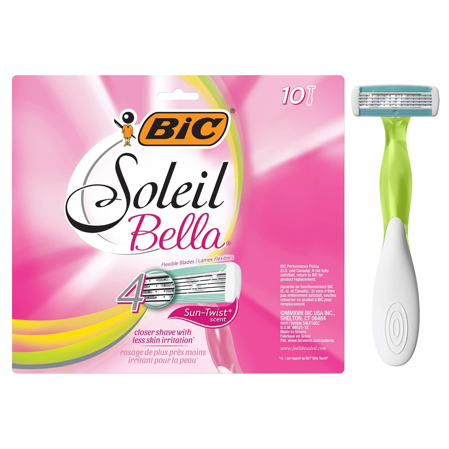 BIC Soleil Escape Women' Disposable Razors With 4 Blades for a Sensorial Experience and Comfortable Shave, Pack of Citrus Scented Handle Shaving Razors for Women, 10 Count