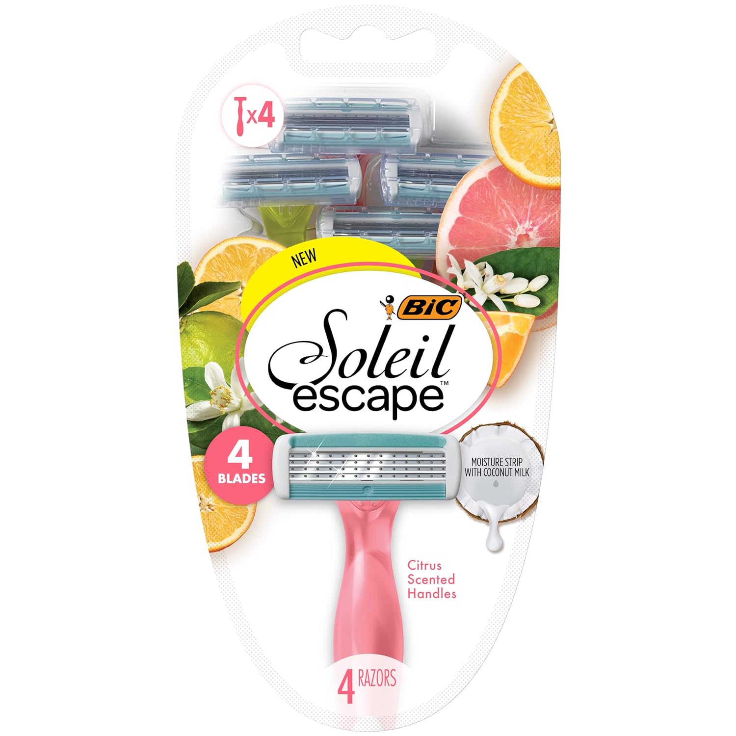 BIC Soleil Escape Women' Disposable Razors With 4 Blades for a Sensorial Experience and Comfortable Shave, Pack of Citrus Scented Handle Shaving Razors for Women, 4 Count
