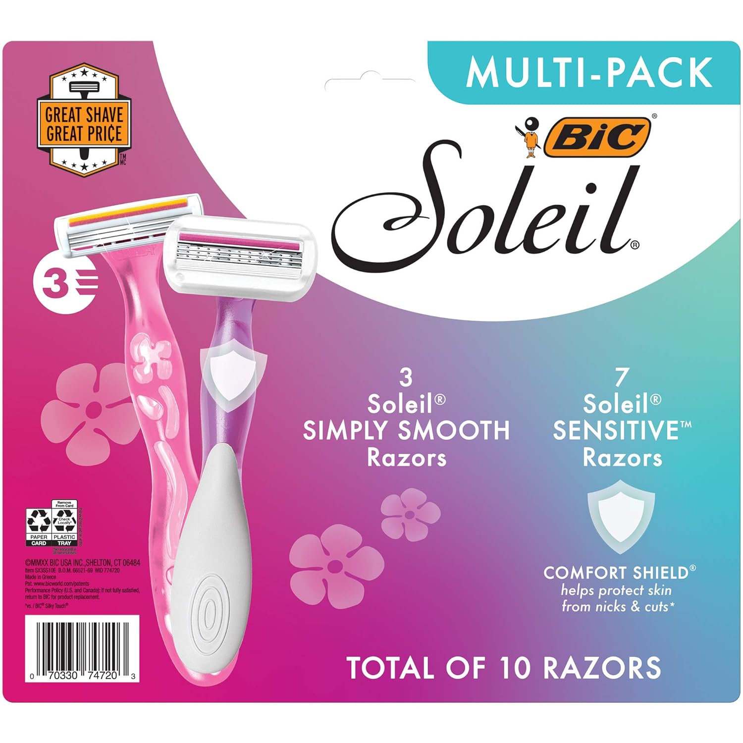 BIC Soleil Simply Smooth Women' Disposable Razors, 3 Blades With Moisture Strip For a Silky Smooth Shave, 10-Count