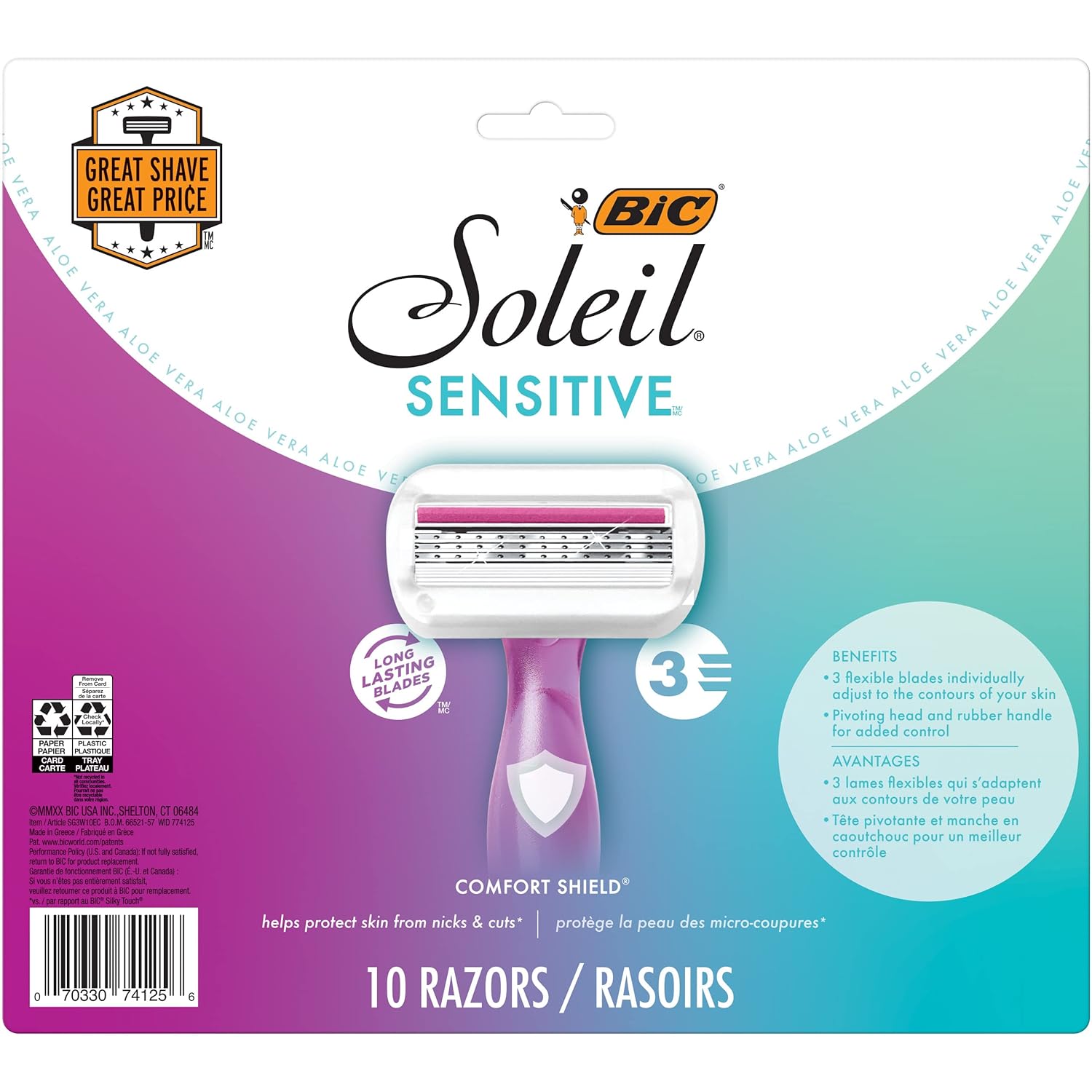 BIC Soleil Sensitive Women' Disposable Razor, Triple Blade, Count of 10 Razors, For a Close and Smooth Shave