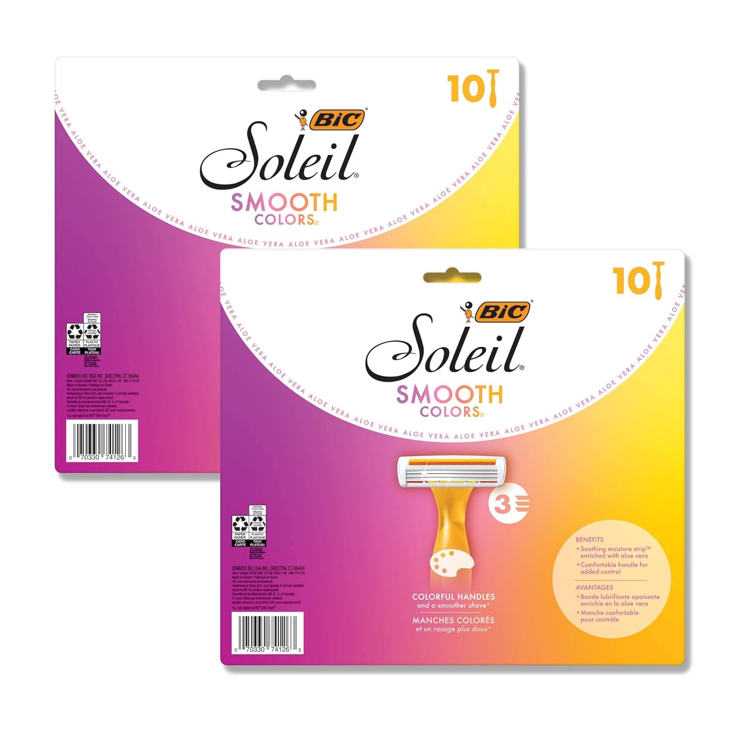 BIC Soleil Smooth Colors Razors with Aloe Vera and Vitamin E Lubricating Disposable Razors for Women, 20-Count, 3 Blades