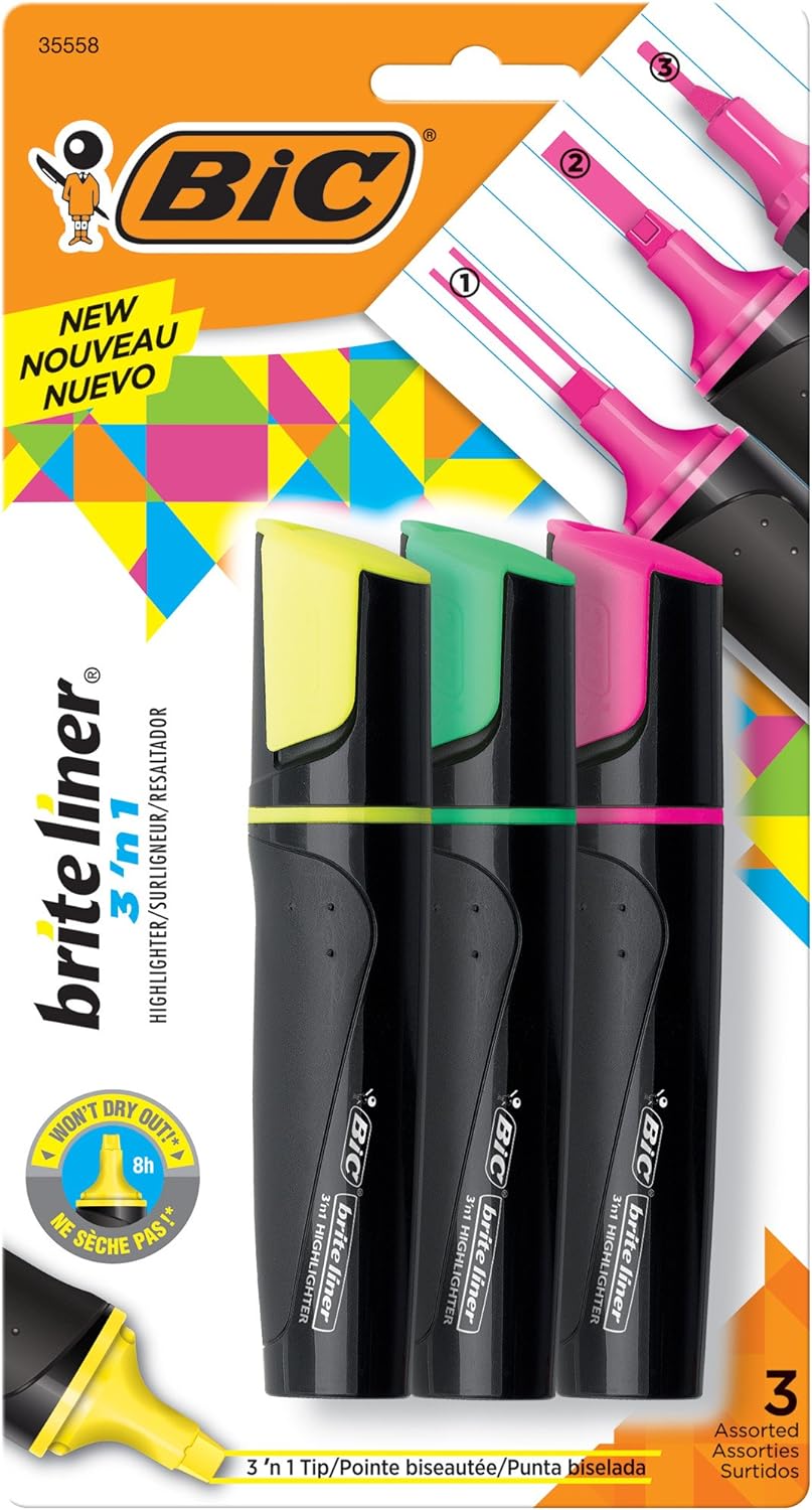 BIC BL3P31 Brite Liner 3 n' 1 Highlighter, Assorted Colors, 3-Count