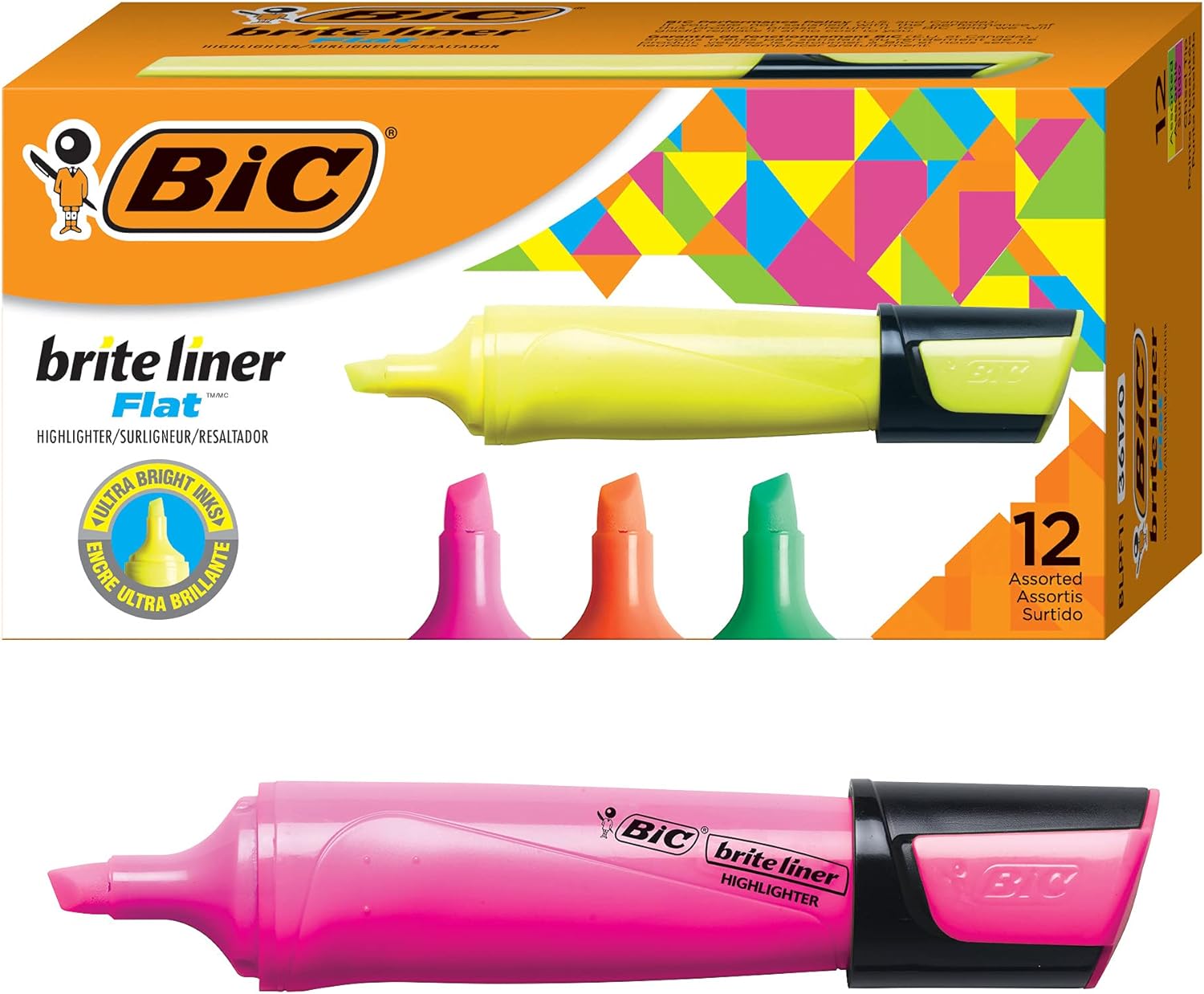 BIC Brite Liner Flat Highlighter, Chisel Tip For Broad Highlighting & Fine Underlining, Assorted Colors, 12-Count