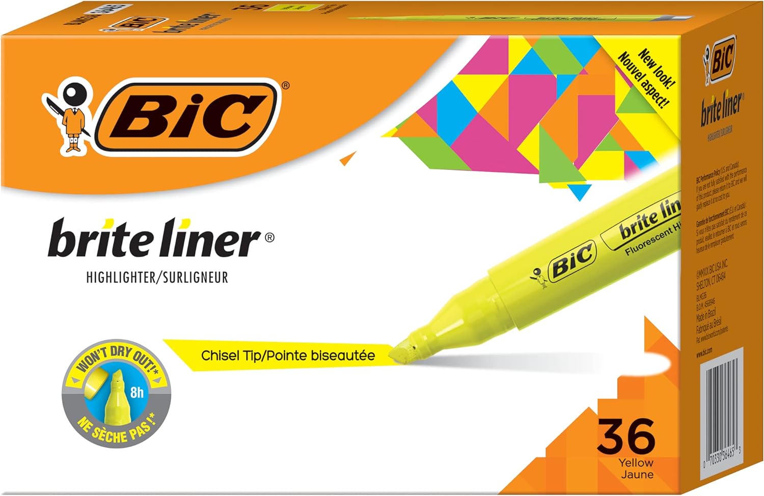 BIC Brite Liner Highlighter, Tank style, Chisel Tip, Box of 36 Yellow Highlighters