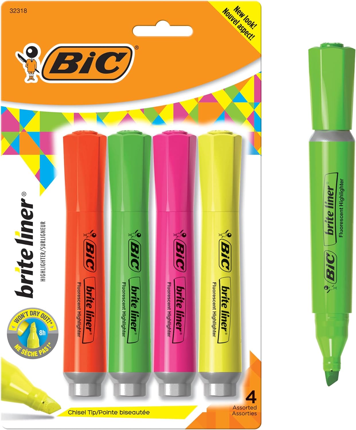 BIC Brite Liner Highlighter with Rubber Grip, Chisel Tip, Assorted, Pack of 4 - BLMGP41-A-AST