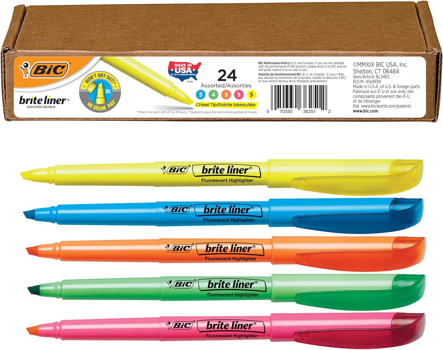 BIC Brite Liner Highlighter, Chisel Tip, Assorted (New), 24 Count