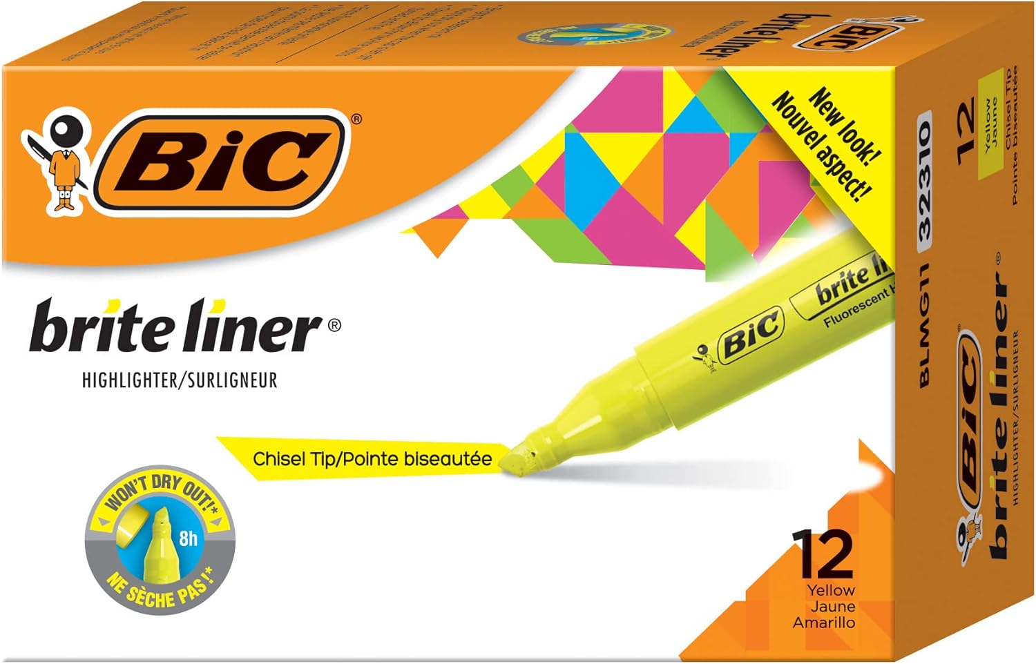 BIC Brite Liner Highlighter, Tank Style, Chisel Tip, Box of 12, Yellow Highlighters
