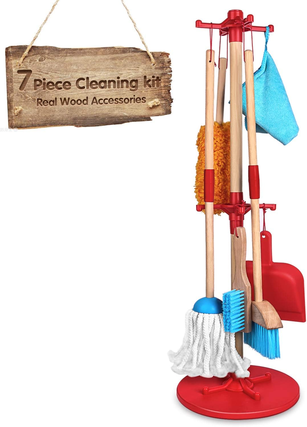 Kids Cleaning Set, 7Pcs Wooden Detachable Cleaning Tool -Includes Broom, Mop, Duster, Dustpan, Brush, Rag and Hanging Stand ,Really Children Cleaning Toys, Housekeeping Toys Gift for Girls & Boys