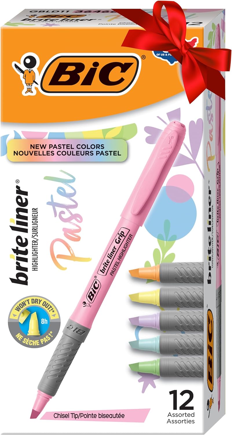 BIC Brite Liner Grip Pastel Highlighter Set, Chisel Tip, 12-Count Pack of Pastel Highlighters in Assorted Colors (colors may vary), Gifts for Teachers or Perfect Stocking Stuffers