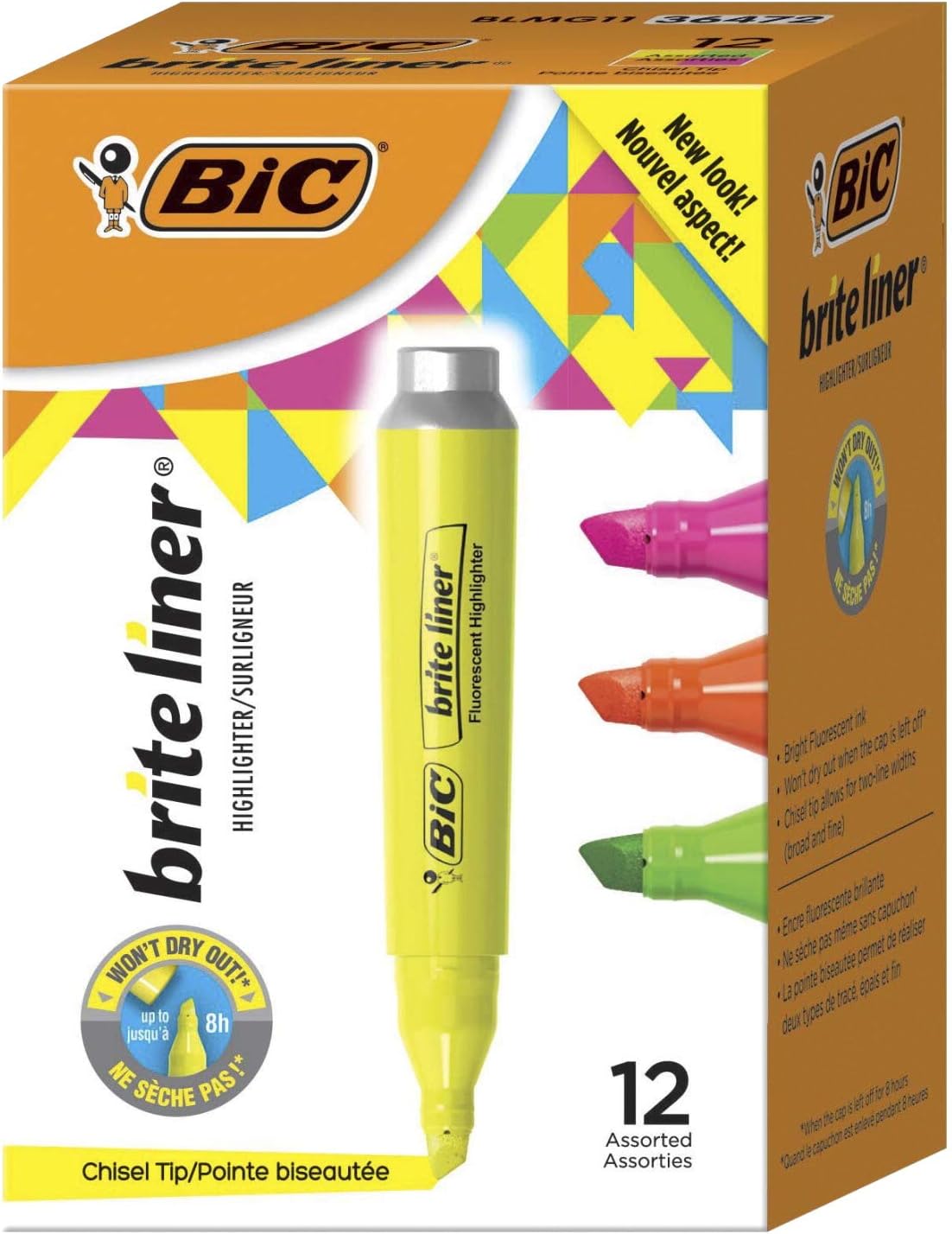 BIC Brite Liner Highlighter, Tank style, Chisel Tip, Box of 12 Assorted Fluorescent Highlighters