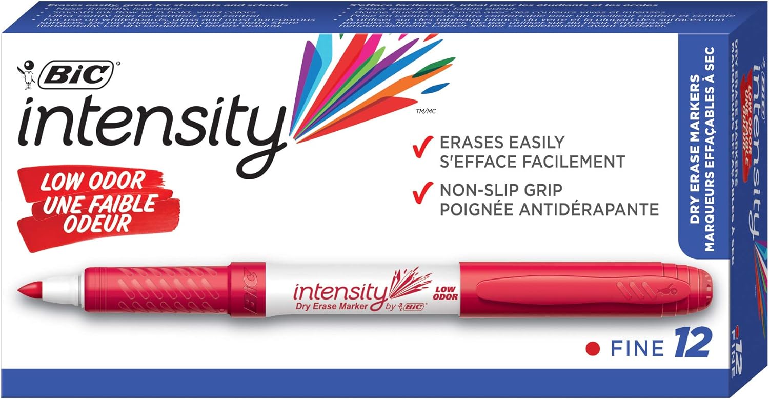 BIC Intensity Low Odor Dry Erase Marker, Fine Point, Red Marker, Ultra-Comfy Rubber Grip, 12-Count
